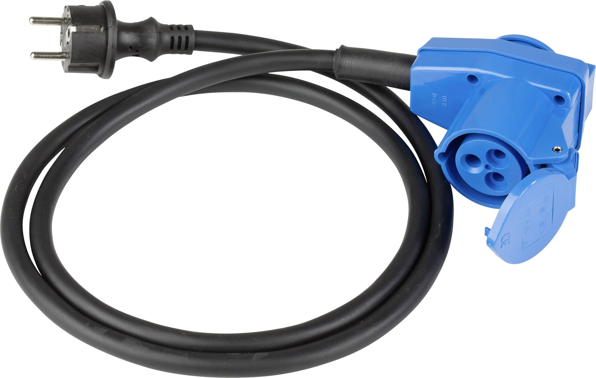 Ein blauer Adapterstecker mit Kabel, geeignet für Campingplatz-Anschlüsse. Links ein Standard-EU-Stecker, rechts der Adapteranschluss.