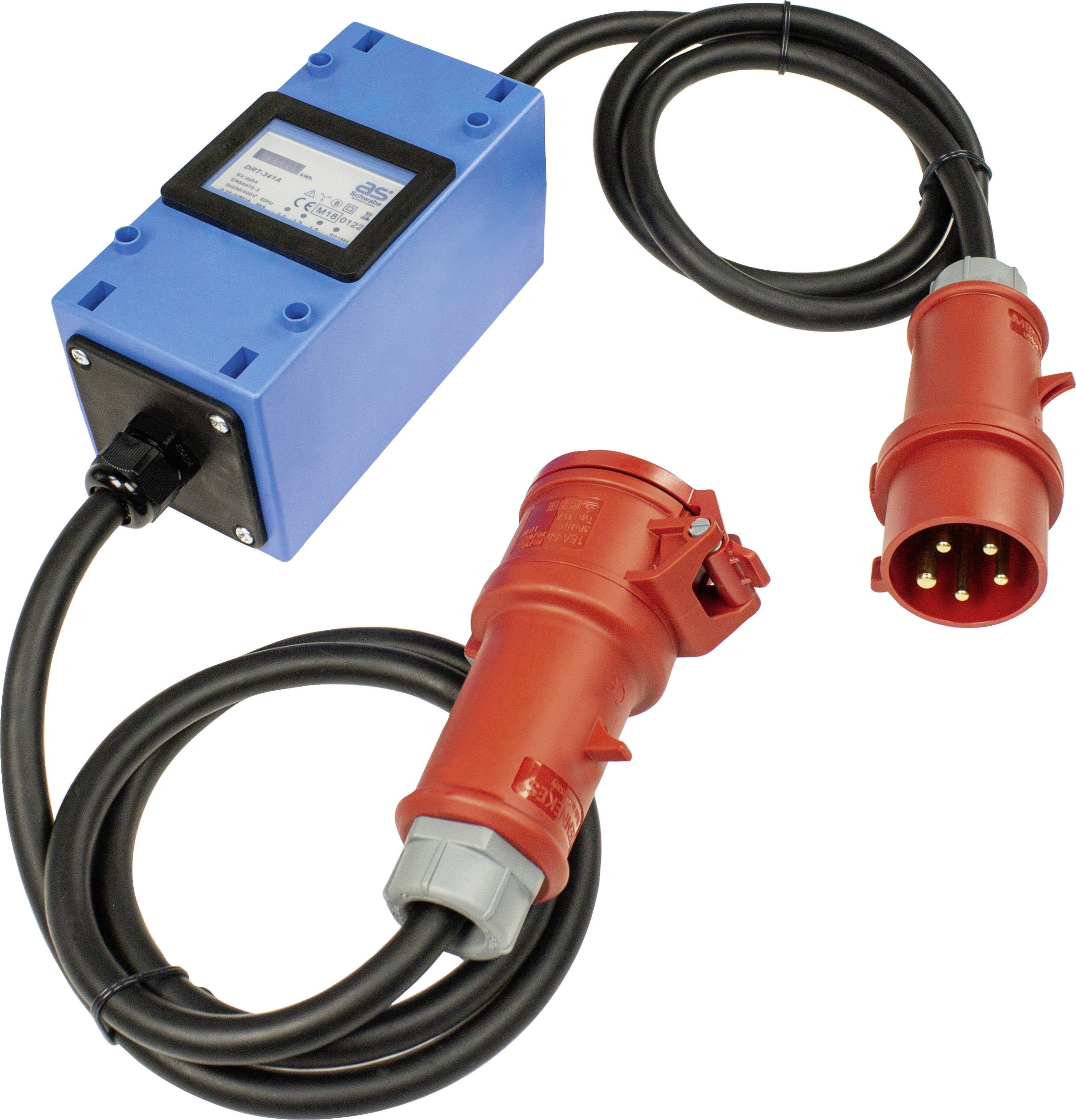 Ein blauer Stromzähler mit Kabeln und roten Industrie-Steckverbindern. Geeignet für den Einsatz in elektrischen Anlagen.