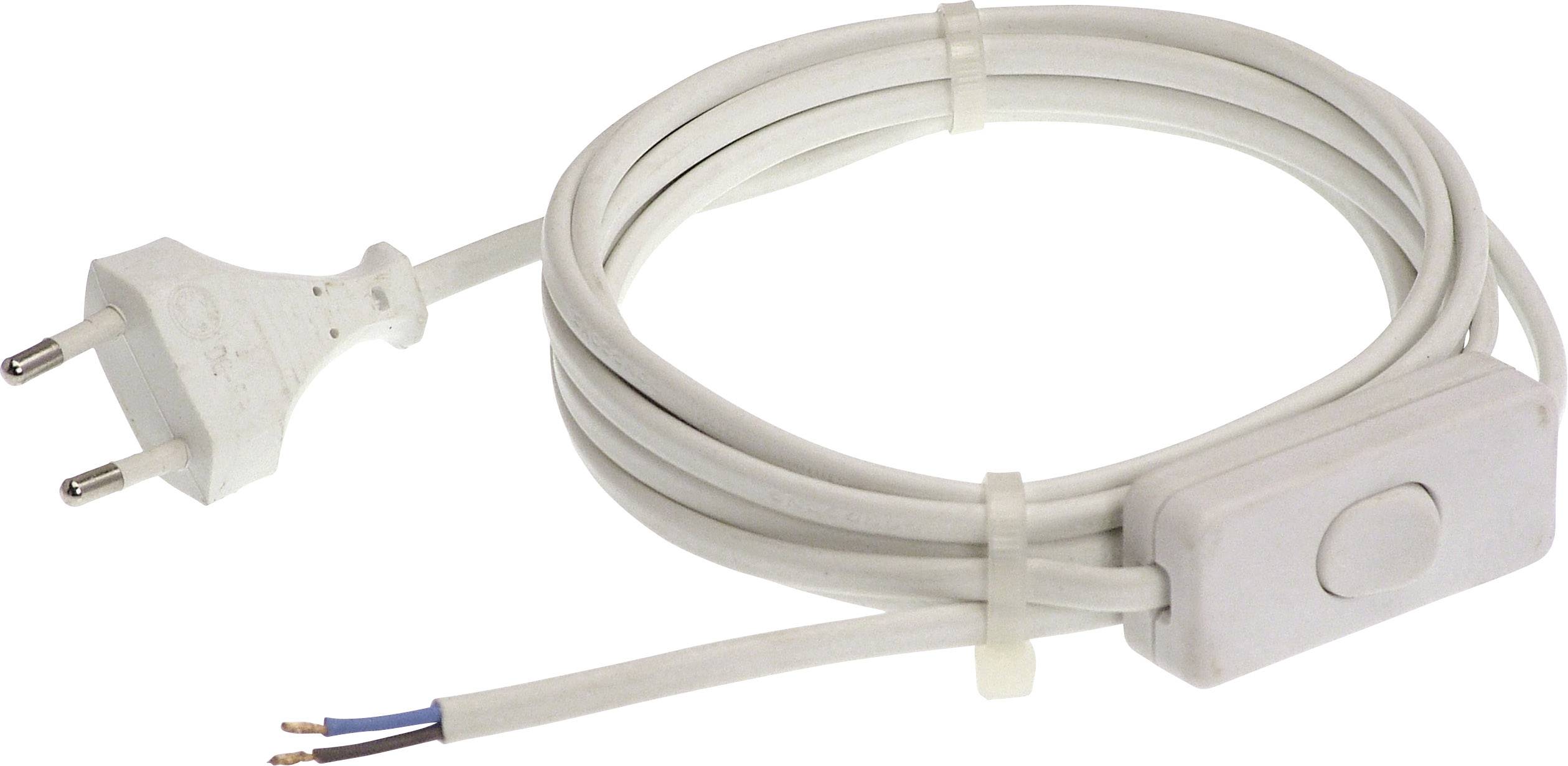 Ein weißes Stromkabel mit EU-Stecker links und offenem Drahtende rechts, ausgestattet mit einem Zwischenschalter.
