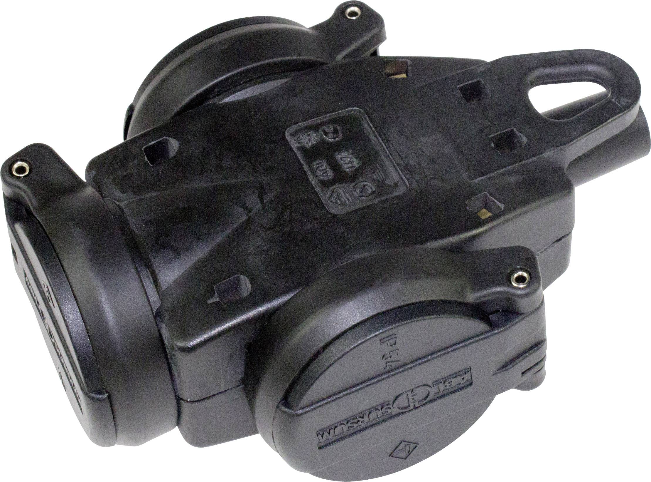 Ein schwarzer Verteilerstecker mit drei Steckdosen und zwei seitlichen Abdeckungen. Ideal zum Anschließen mehrerer Geräte.