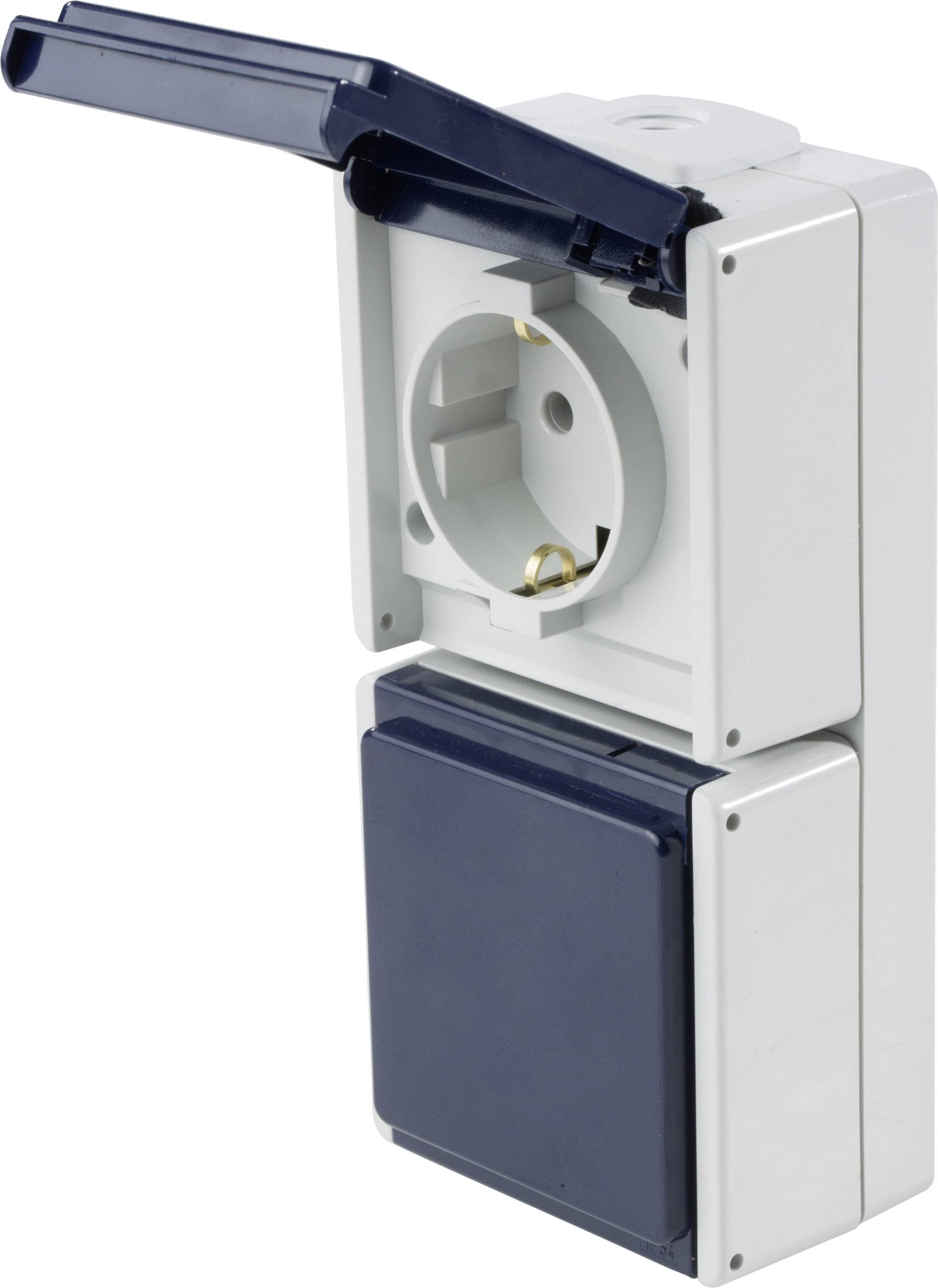 Weiße elektrische Steckdose mit einem blauen Schutzdeckel, der geöffnet ist. Geeignet für den Außenbereich oder feuchte Umgebungen.