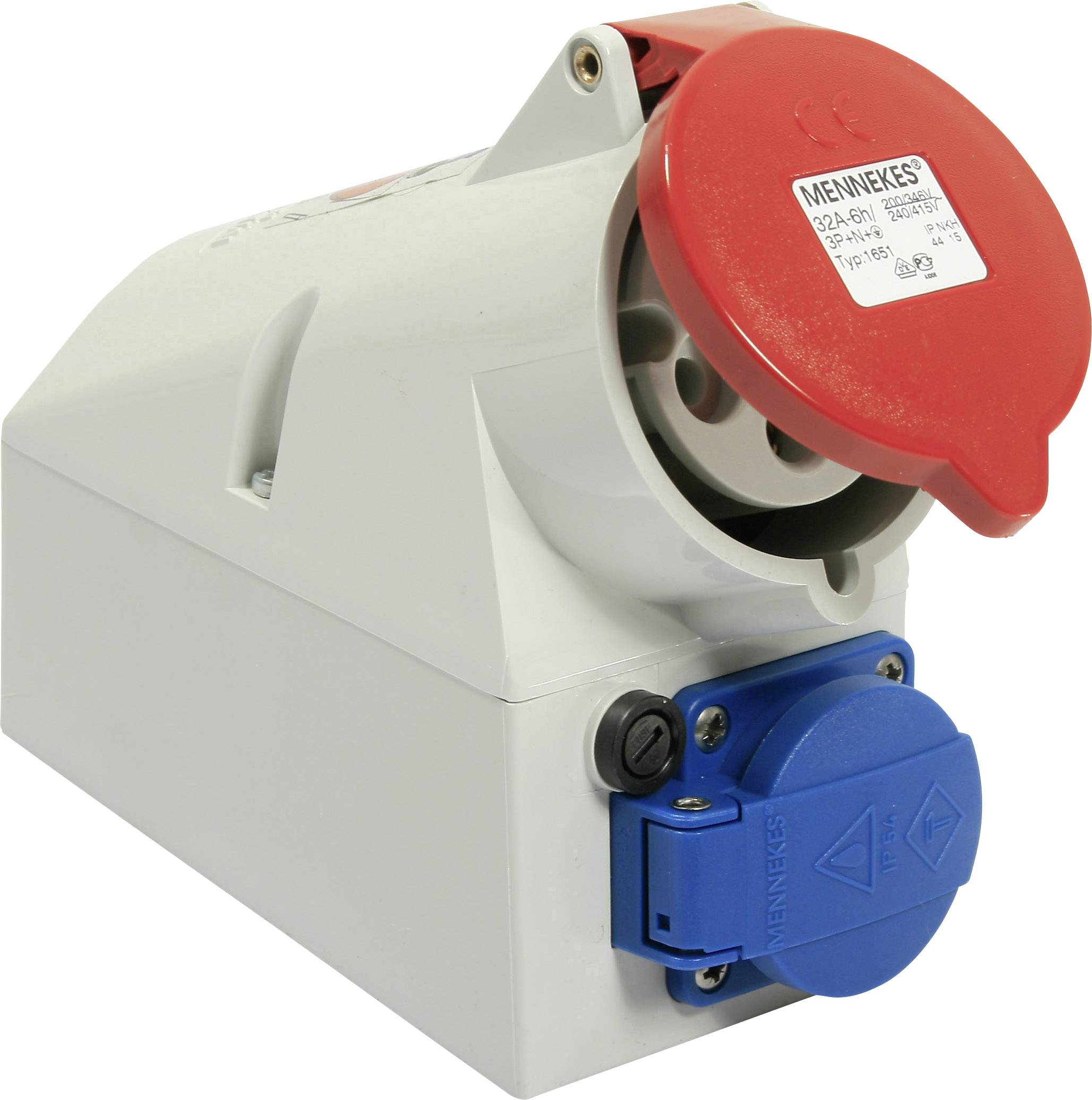 Industrie-Steckdose mit roter Abdeckung und blauer Buchse, geeignet für Hochstromverbindungen; Herstellerinformationen auf der Abdeckung.