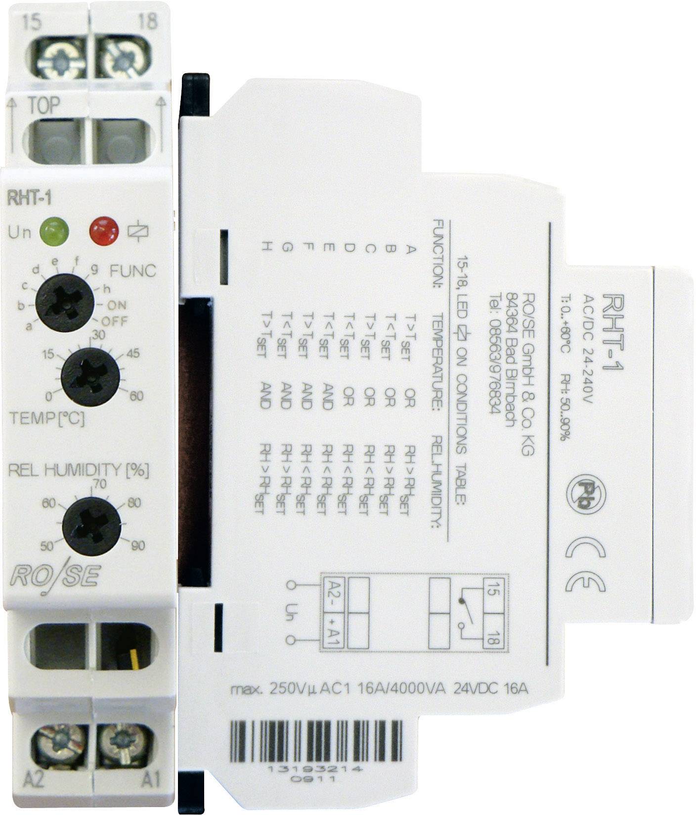 Relaisschalter-Modul RHT-1 von RO/SE für Temperatur- und Feuchtigkeitsmessung, zeigt Verkabelungsdiagramm und technische Daten.