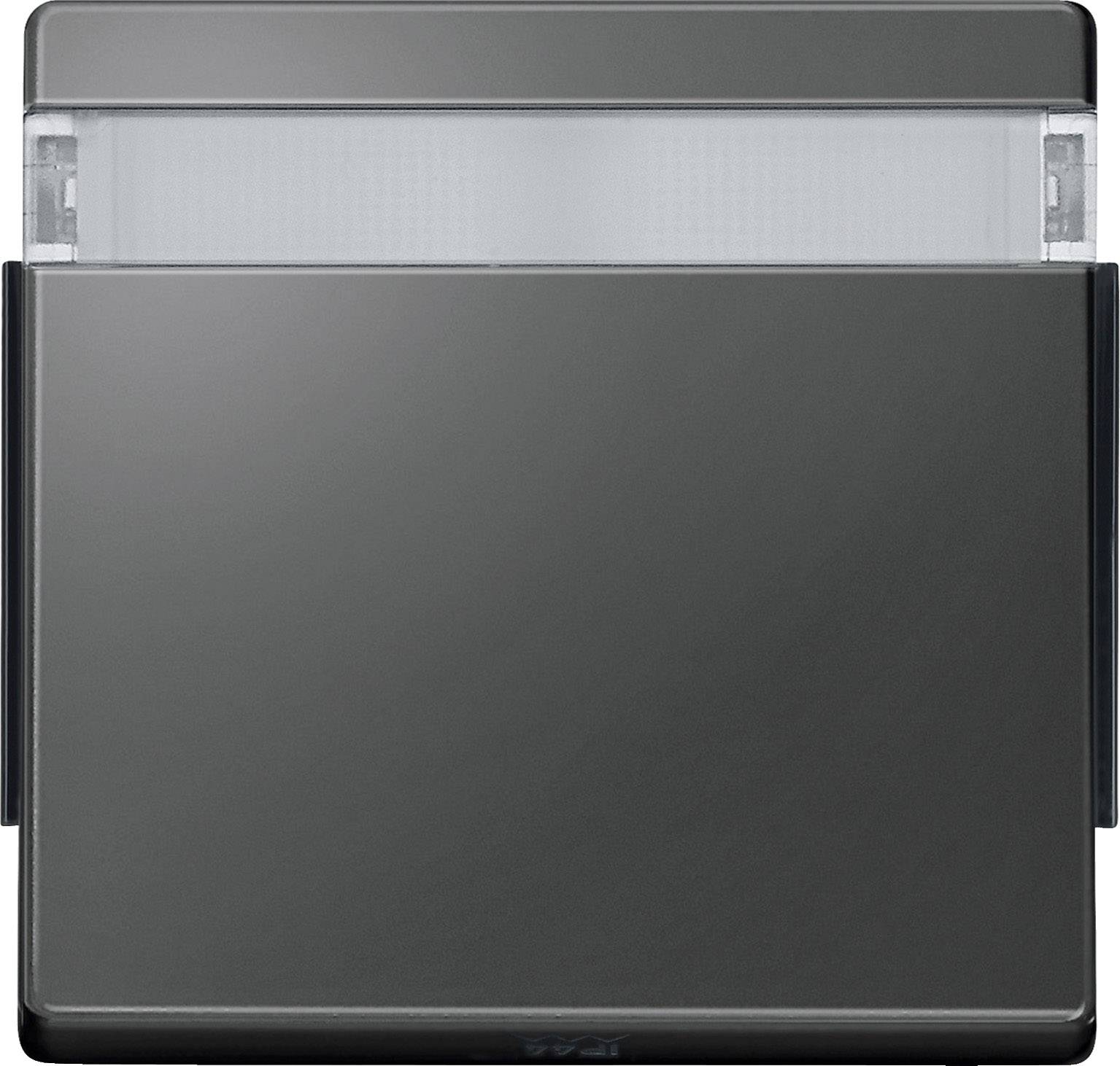 Ein quadratischer, silberner Lichtschalter mit einem transparenten oberen Bereich für visuelle Rückmeldung. Simplistisches Design.