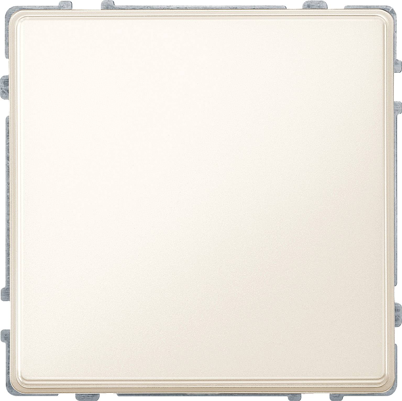 Ein quadratischer, elfenbeinfarbener Lichtschalter ohne sichtbare Knöpfe oder Schalter, eingebettet in eine metallische Halterung.