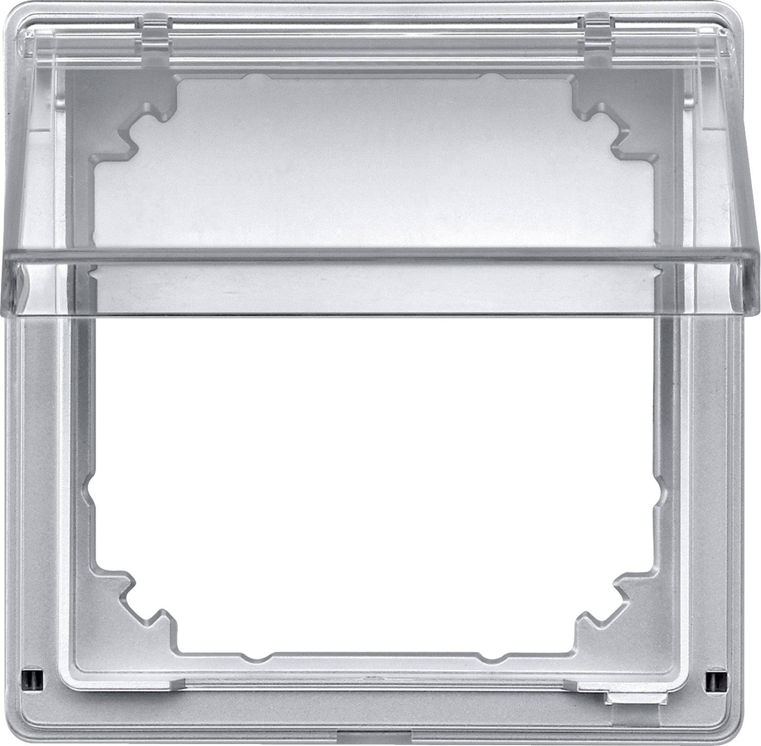 Ein transparenter, quadratischer Schutzdeckel mit Klappmechanismus für Steckdosen oder Schalter, montiert auf einer weißen Wand.
