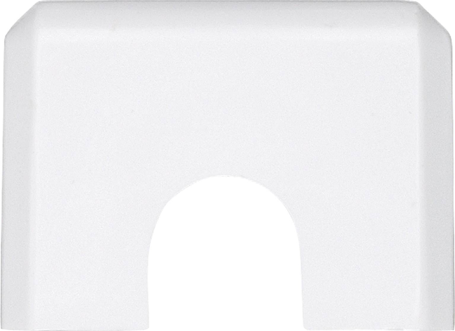 Ein weißer, rechteckiger Gegenstand mit einem halbkreisförmigen Ausschnitt an der Unterseite, ähnlich einem kleinen Hocker.