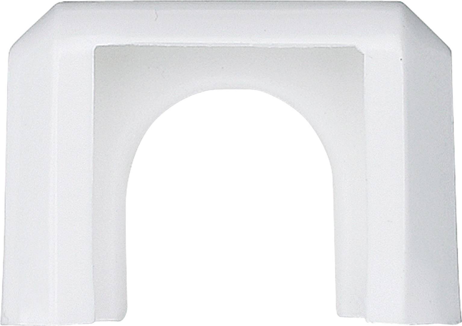 Ein weißes Kunststoffteil mit einer offenen, gewölbten Öffnung in der Mitte, möglicherweise ein Schutzelement oder Abstandshalter.