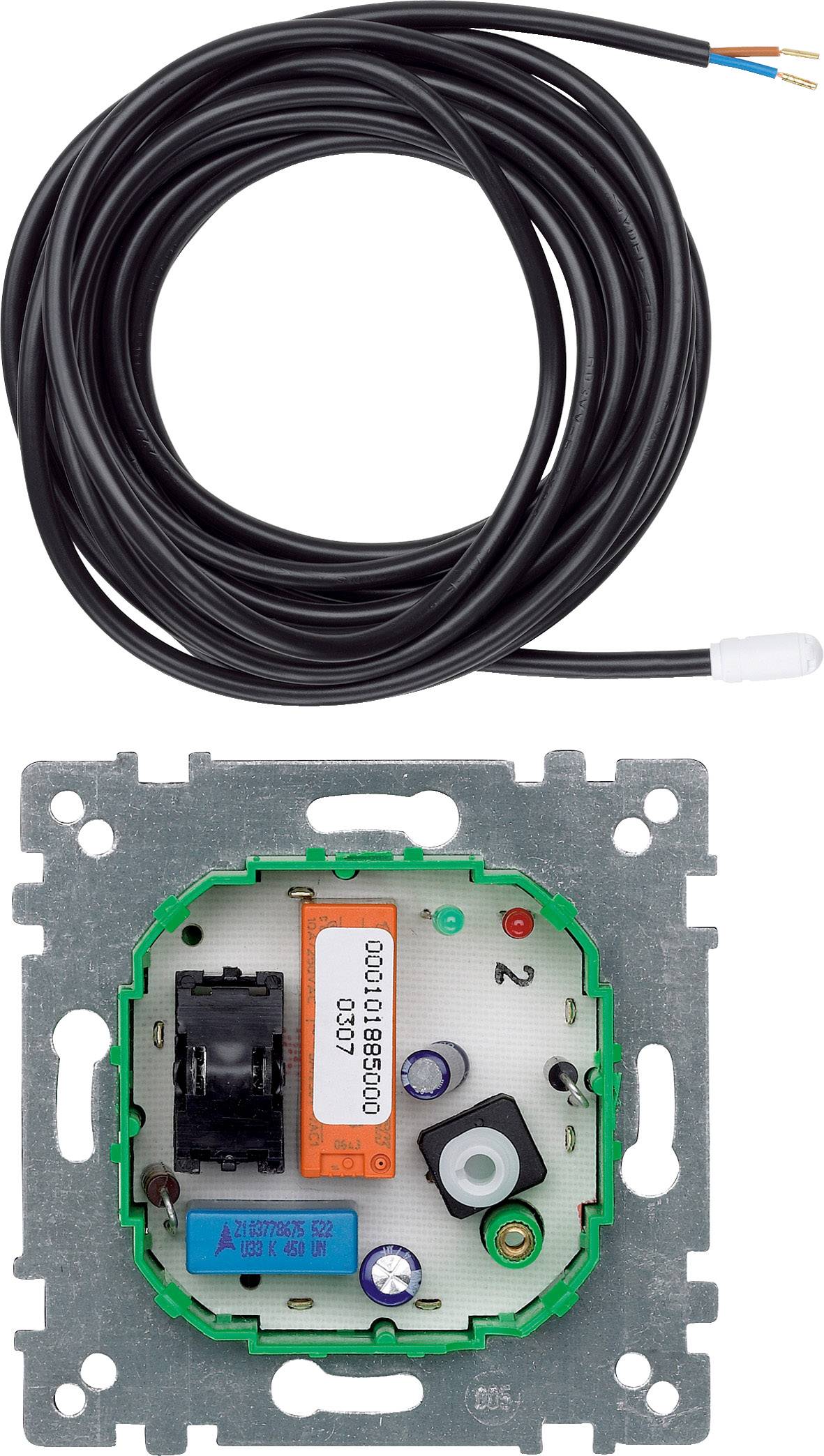 Temperatursensor mit Kabel, geeignet für Wandmontage. Zeigt Anschlussklemmen und Sensorplatine. Kabel in der oberen Hälfte sichtbar.