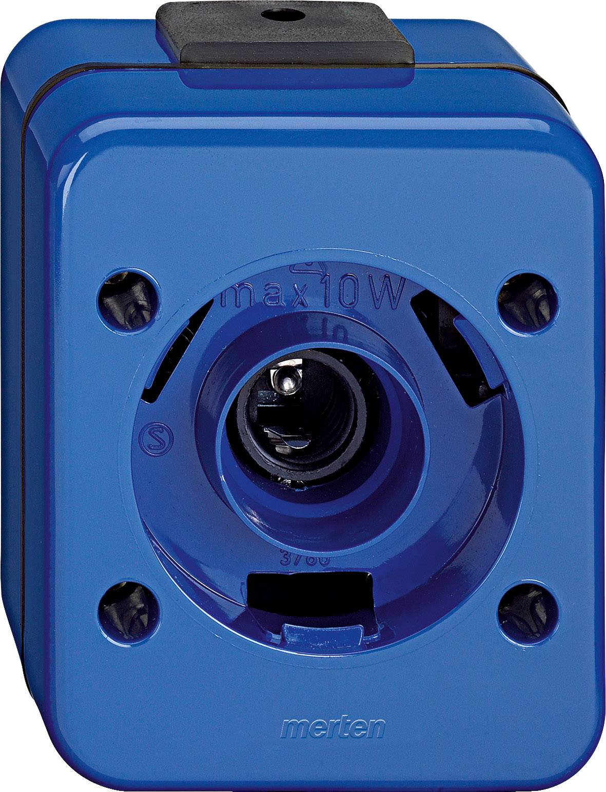 Ein blauer Steckdoseneinsatz von vorn, mit der Beschriftung 'max 10W', geeignet für elektrische Anschlüsse.