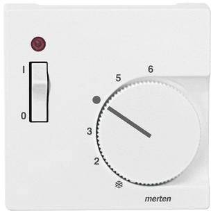 Ein weißer Drehthermostat mit Skala von 0 bis 6. Der Hebelschalter links ist auf '1' eingestellt. Eine rote Kontrollleuchte oben links.