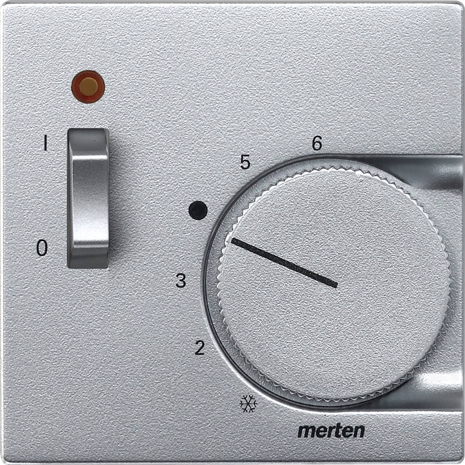 Raumthermostat mit Drehregler. Schalter auf Position 0, Einstellbereich 1-6 markiert. Punkt bei Stufe 5.