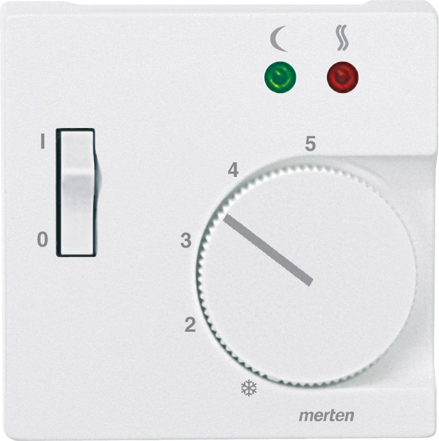 Schalter und Drehregler eines Heizgeräts. Links Kippschalter mit Positionen '0' und 'I'. Rechts Drehregler mit Skala 1 bis 5. Zwei Leuchten zeigen Betriebsstatus an.
