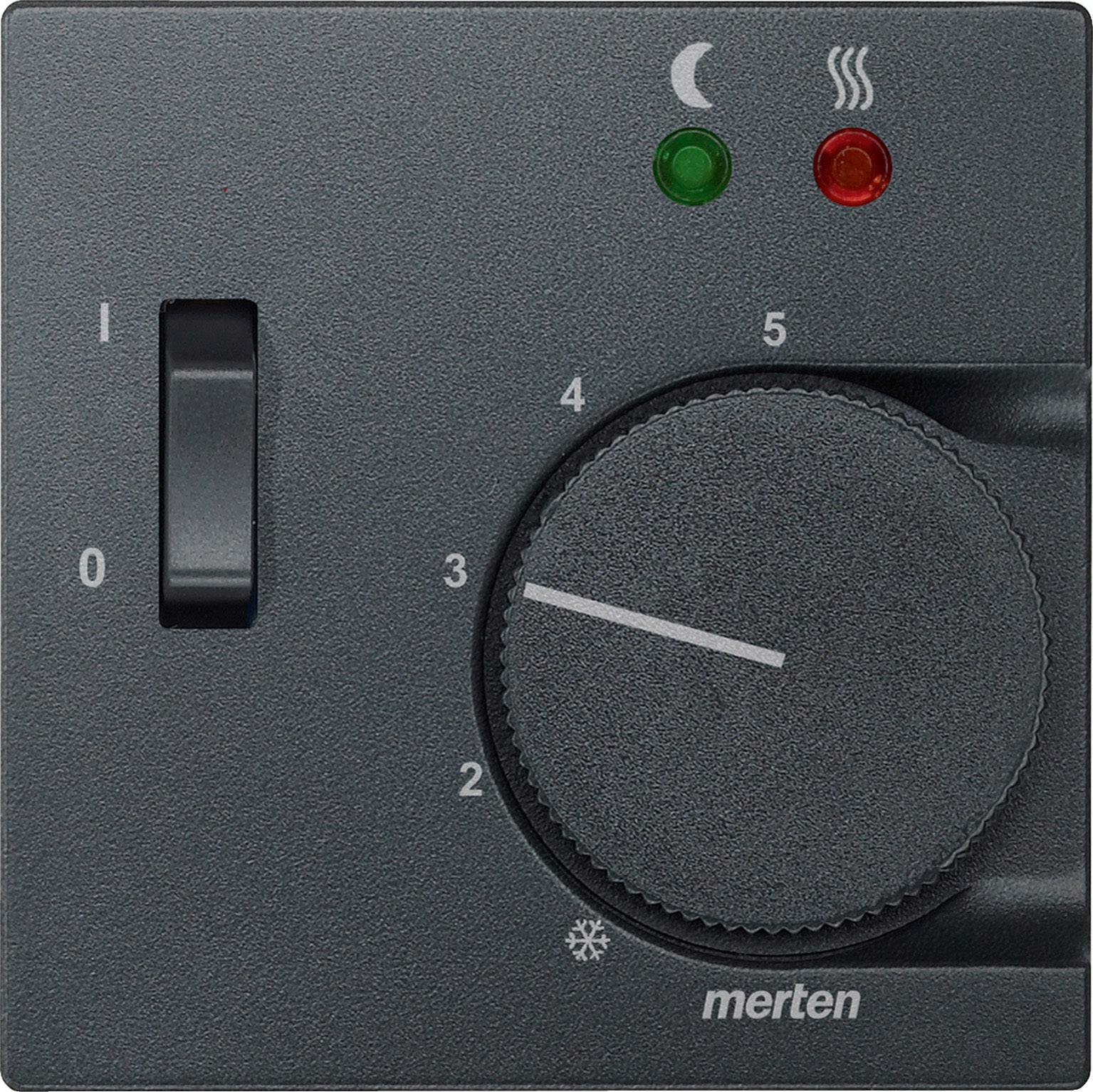 Ein schwarzer Heizungsregler mit Skala von 0 bis 5. Zwei Kontrollleuchten, grün und rot, zeigen Betriebs- und Heizstatus an.