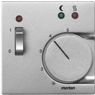 Ein silbernes Thermostat mit Drehknopf, Skala von 0 bis 5, Kippschalter und Lichtern für Mond- (Aus) und Sonnensymbole (Heizung An).