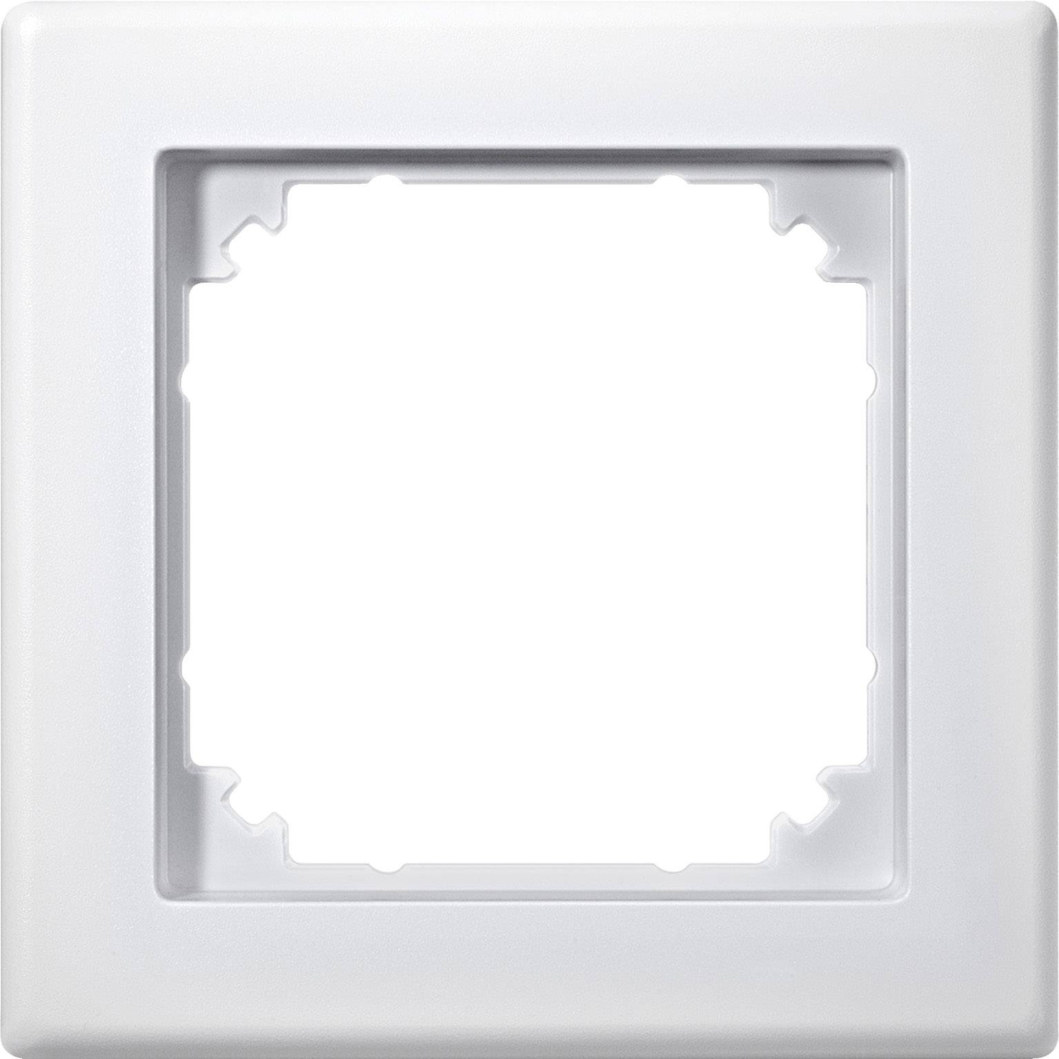 Quadratischer, weißer Lichtschalterrahmen, ohne eingebauten Schalter. Geeignet für Standardinstallationen an Wänden.
