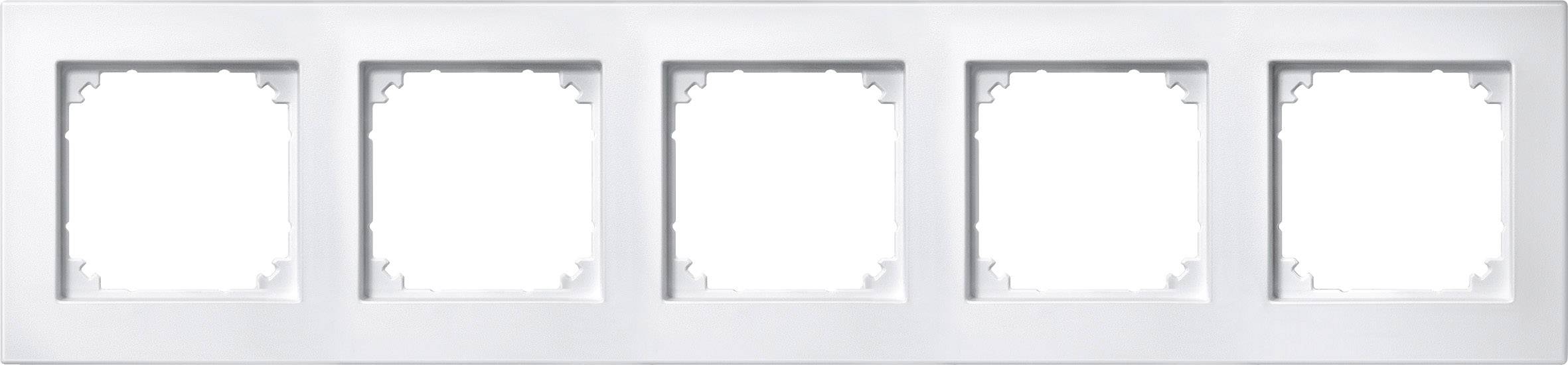 Fünffach weißer Rahmen für Lichtschalter oder Steckdosen, geeignet zur Installation in einer Wand.