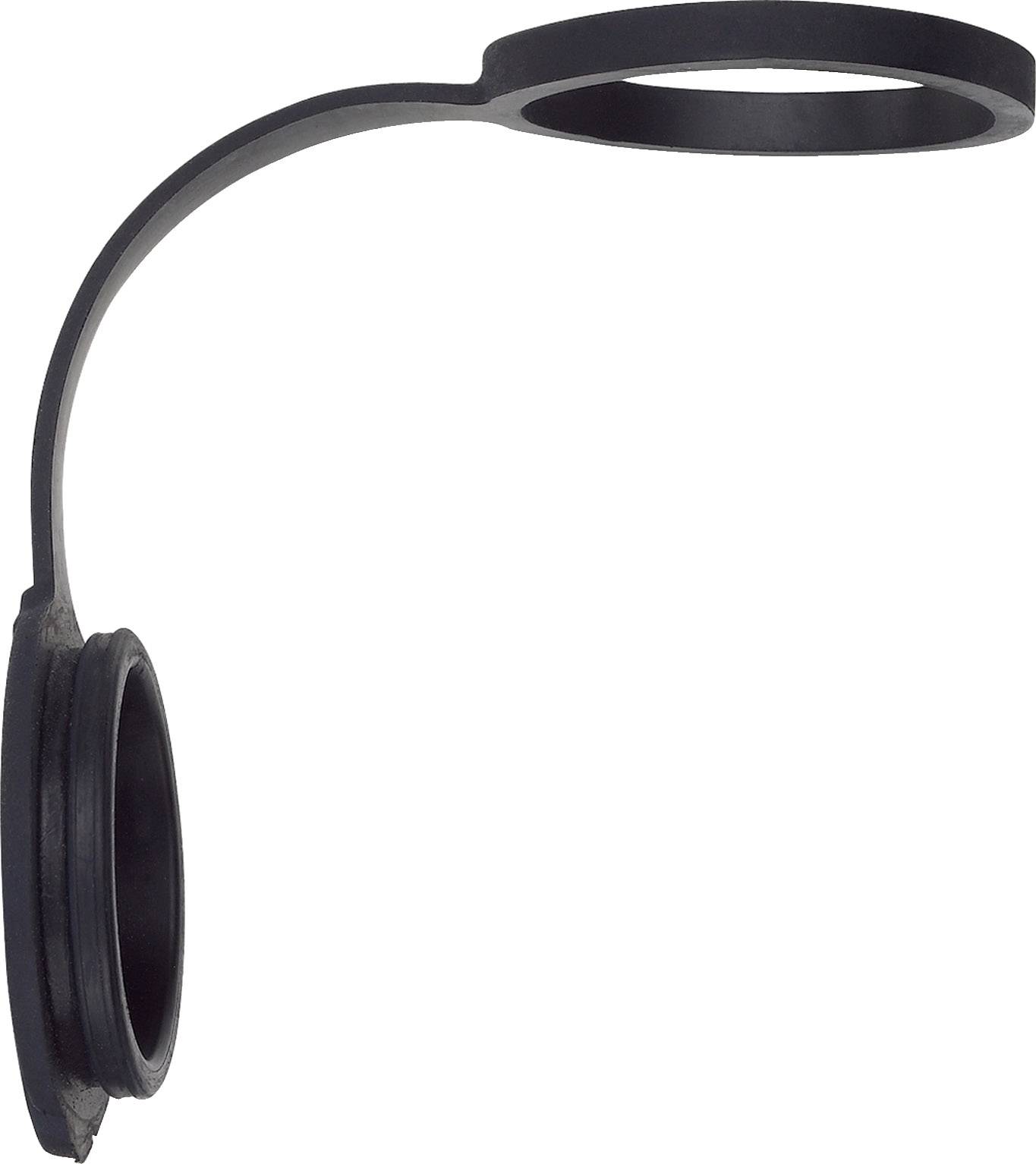 Schwarzes, gebogenes Kunststoffteil mit zwei Ringen, verbunden durch einen geschwungenen Steg. Hauptanwendung könnte als Abdeckung oder Halterung sein.