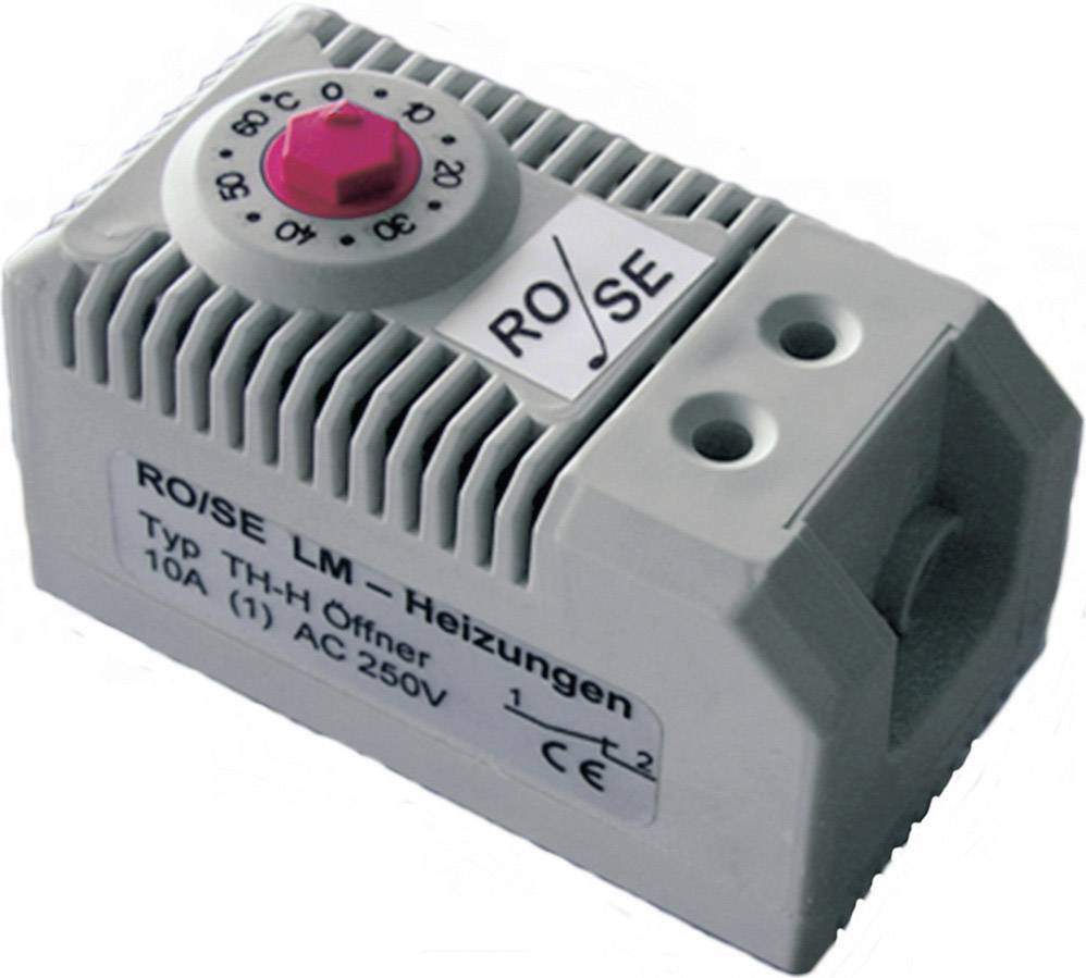 Thermostat mit rotem Einstellknopf für Temperaturen von 0 bis 60 Grad Celsius. Aufschrift: 'RO/SE LM – Heizungen, Typ TH-H Öffner'.