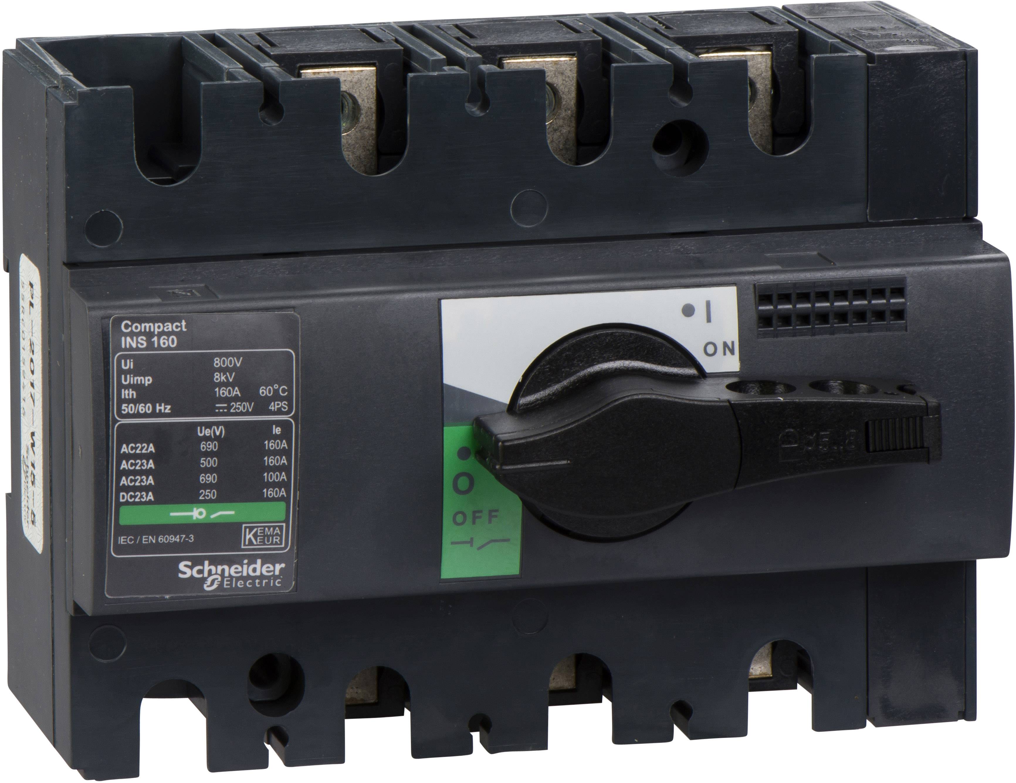 Elektrischer Leistungsschalter von Schneider Electric, Modell INS160. Der Schalter ist in der Aus-Position und zeigt technische Spezifikationen an.