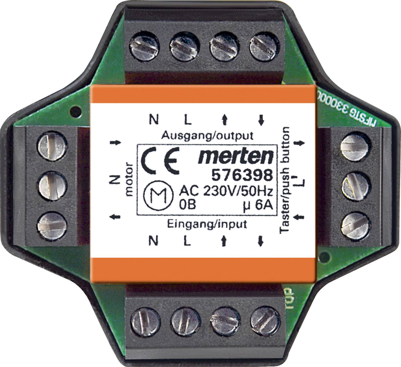 Elektrisches Modul zum Steuern von Motoren, Modellnummer 576398, mit Ein- und Ausgängen für AC 230V/50Hz, 6A.