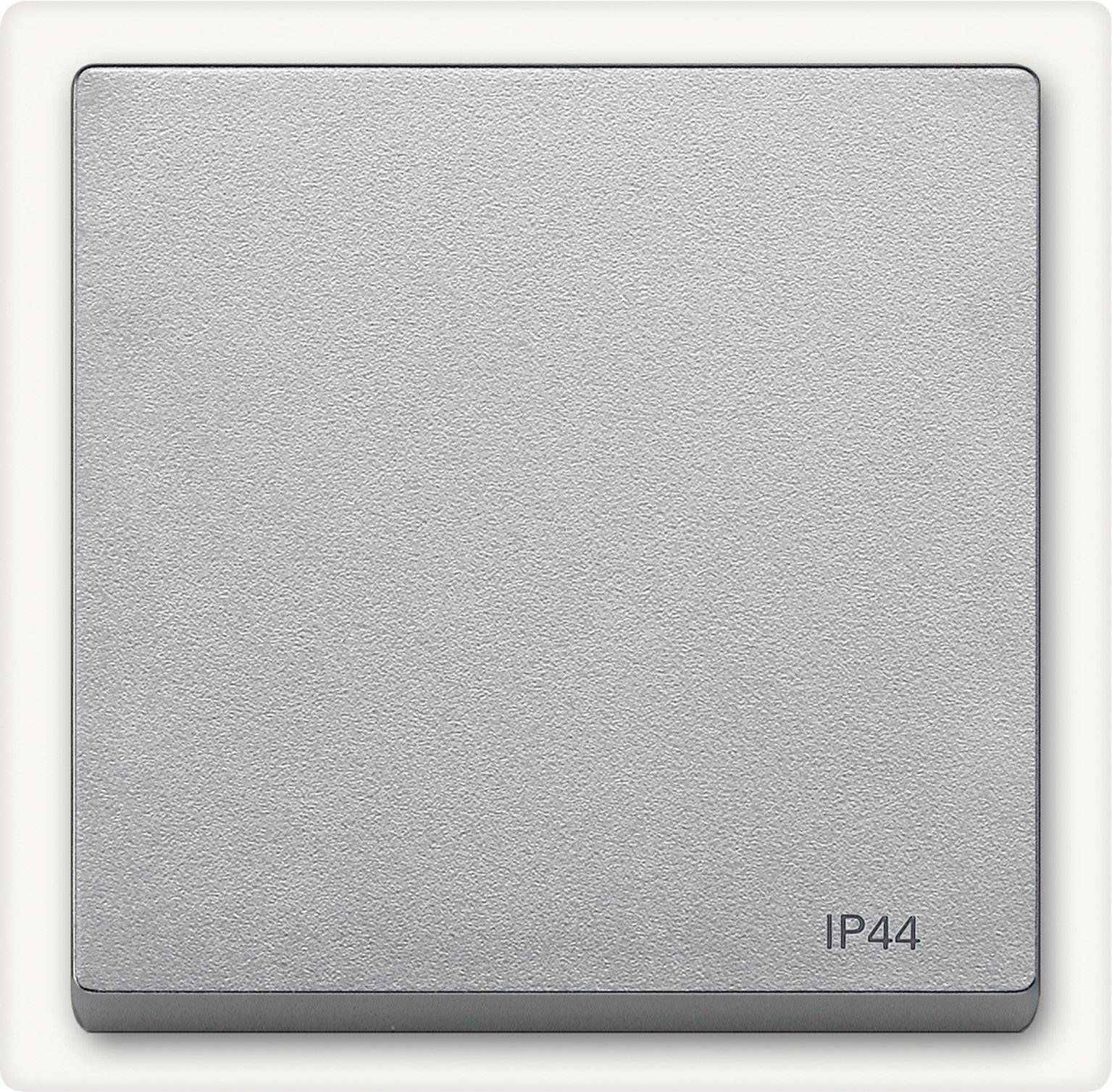 Ein grauer Lichtschalter mit der Kennzeichnung 'IP44', geeignet für feuchte Umgebungen, zeigt schlichtes, modernes Design.