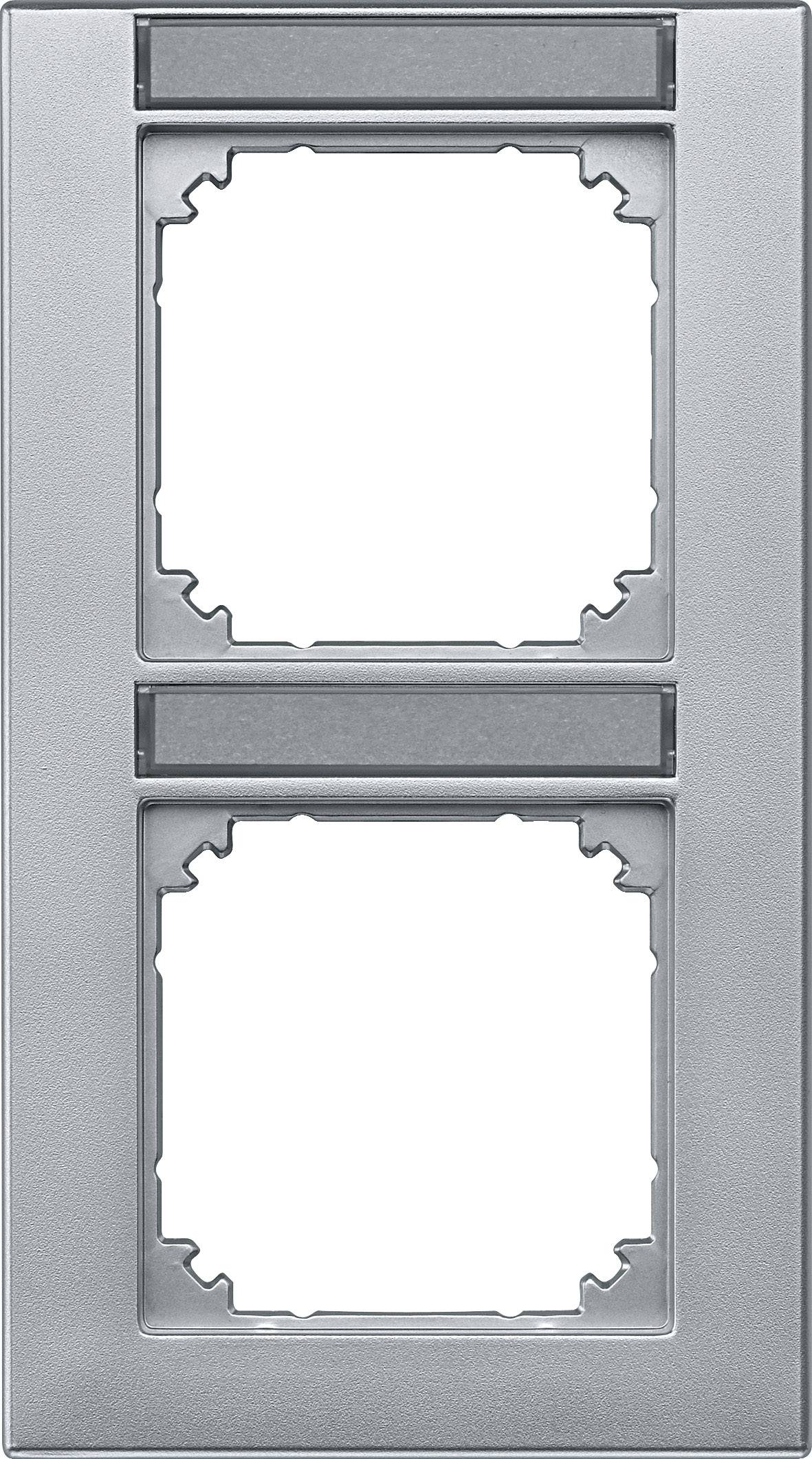 Doppelter Steckdosenrahmen aus Metall mit zwei quadratischen Aussparungen für Schalter oder Steckdosen, silberfarben.