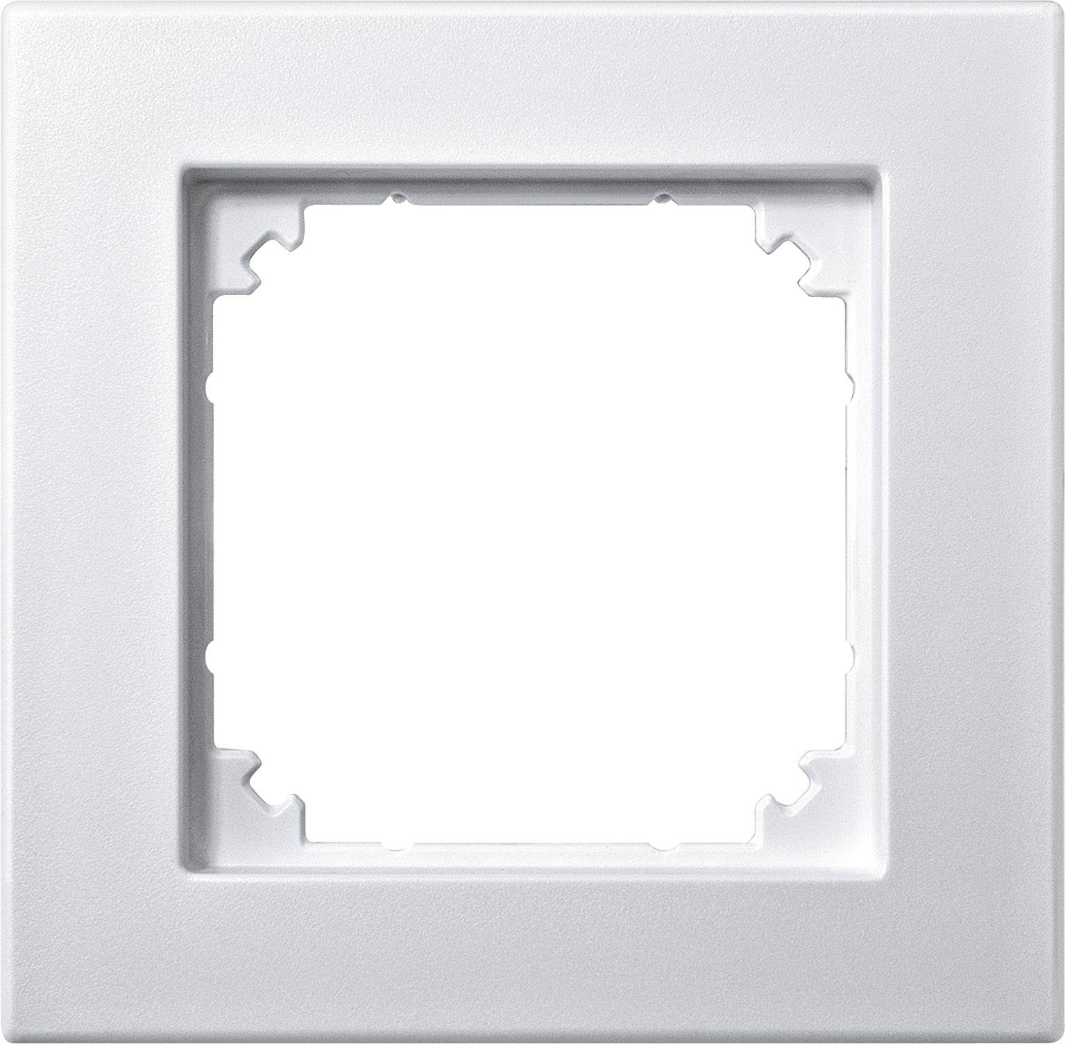 Plastikrahmen für eine Steckdose, quadratische Form, weiße Farbe. Ideal zur ästhetischen Verkleidung von Lichtschaltern oder Steckdosen.