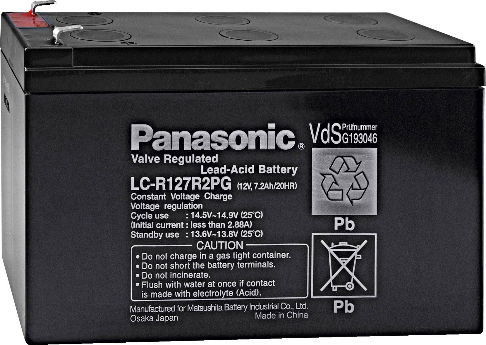 Schwarze Panasonic-Batterie, Modell LC-R127R2PG. Hauptmerkmale: Ventilreguliert, Blei-Säure. Spannung: 12V, Kapazität: 7,2Ah.