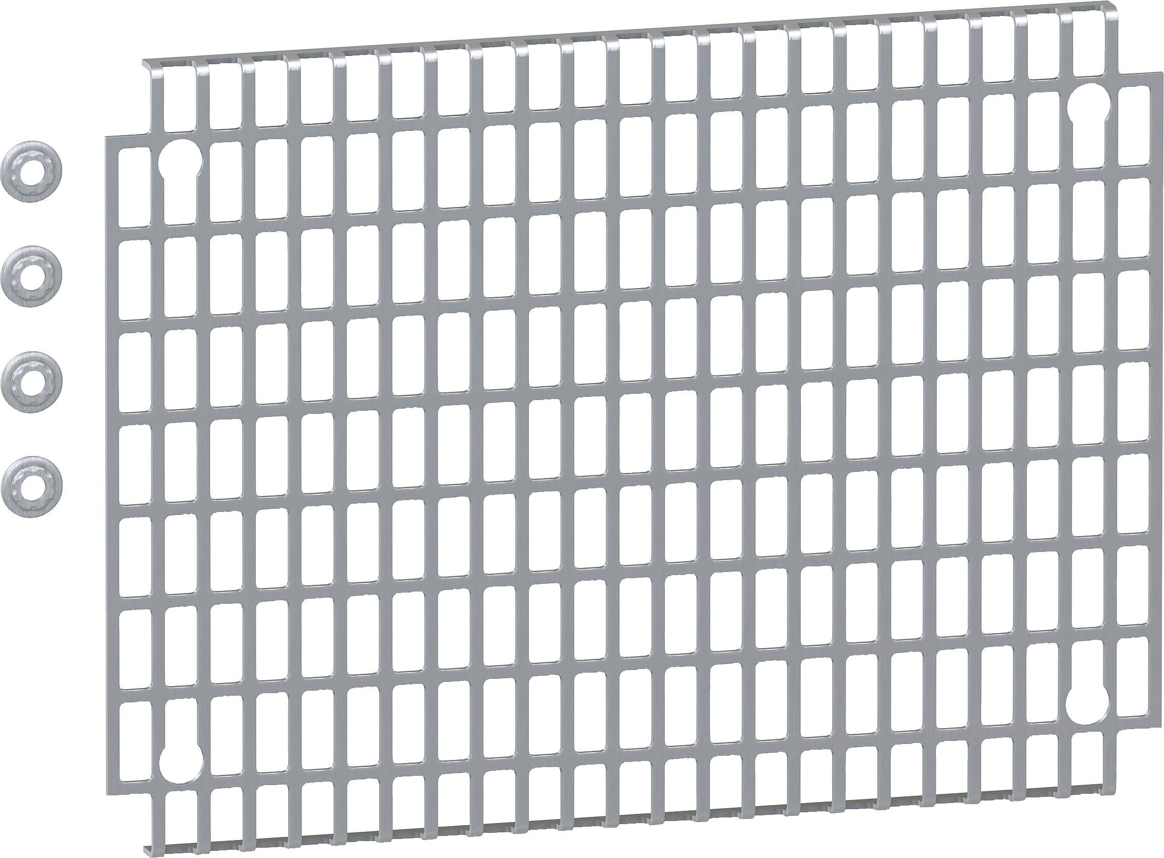 Metallgitter mit rechteckigen Aussparungen und vier separaten, kleinen runden Elementen an der linken Seite.