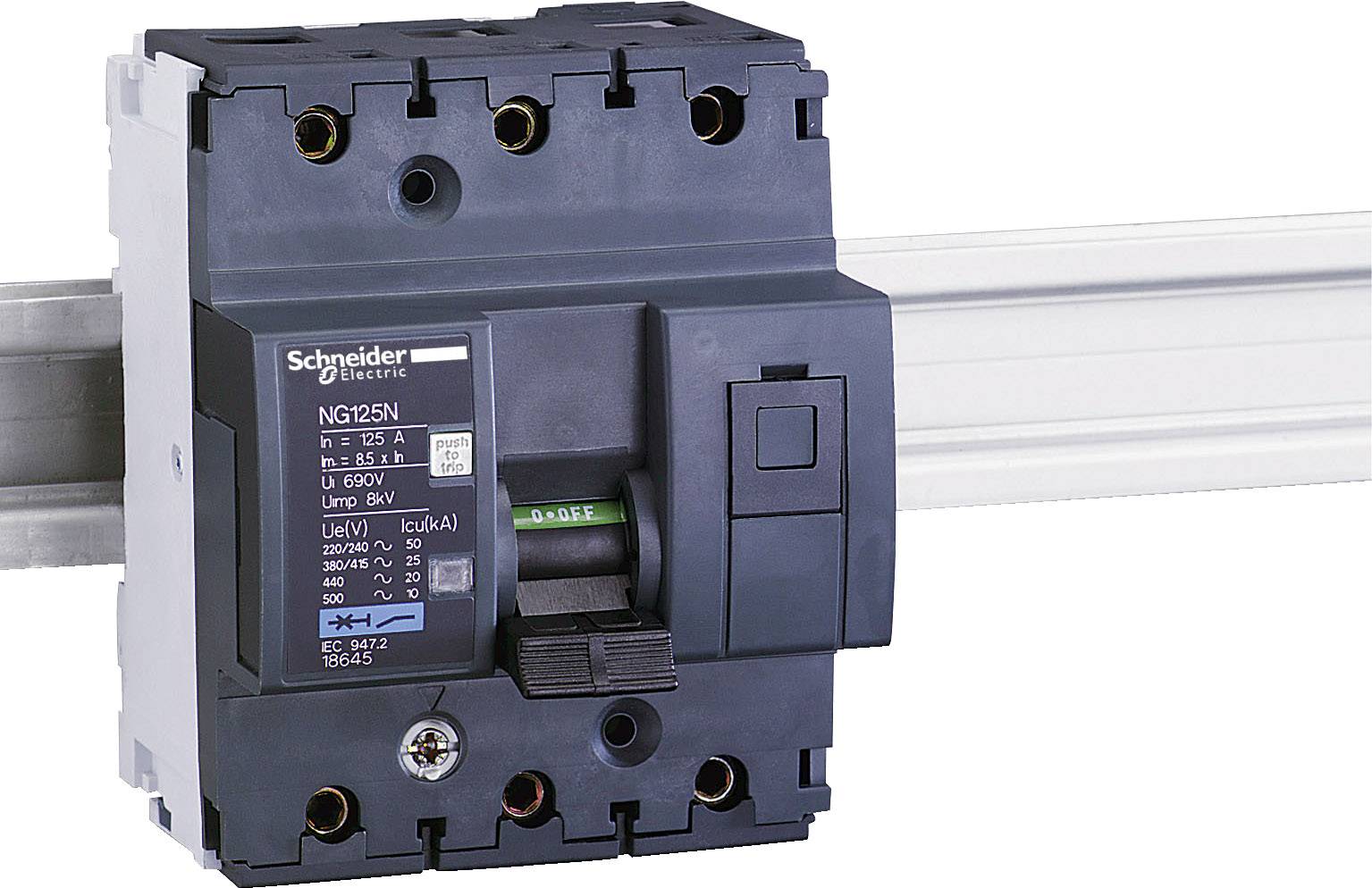 Ein Leistungsschalter der Marke Schneider Electric, montiert auf einer DIN-Schiene, dient zur Steuerung und zum Schutz elektrischer Schaltungen.