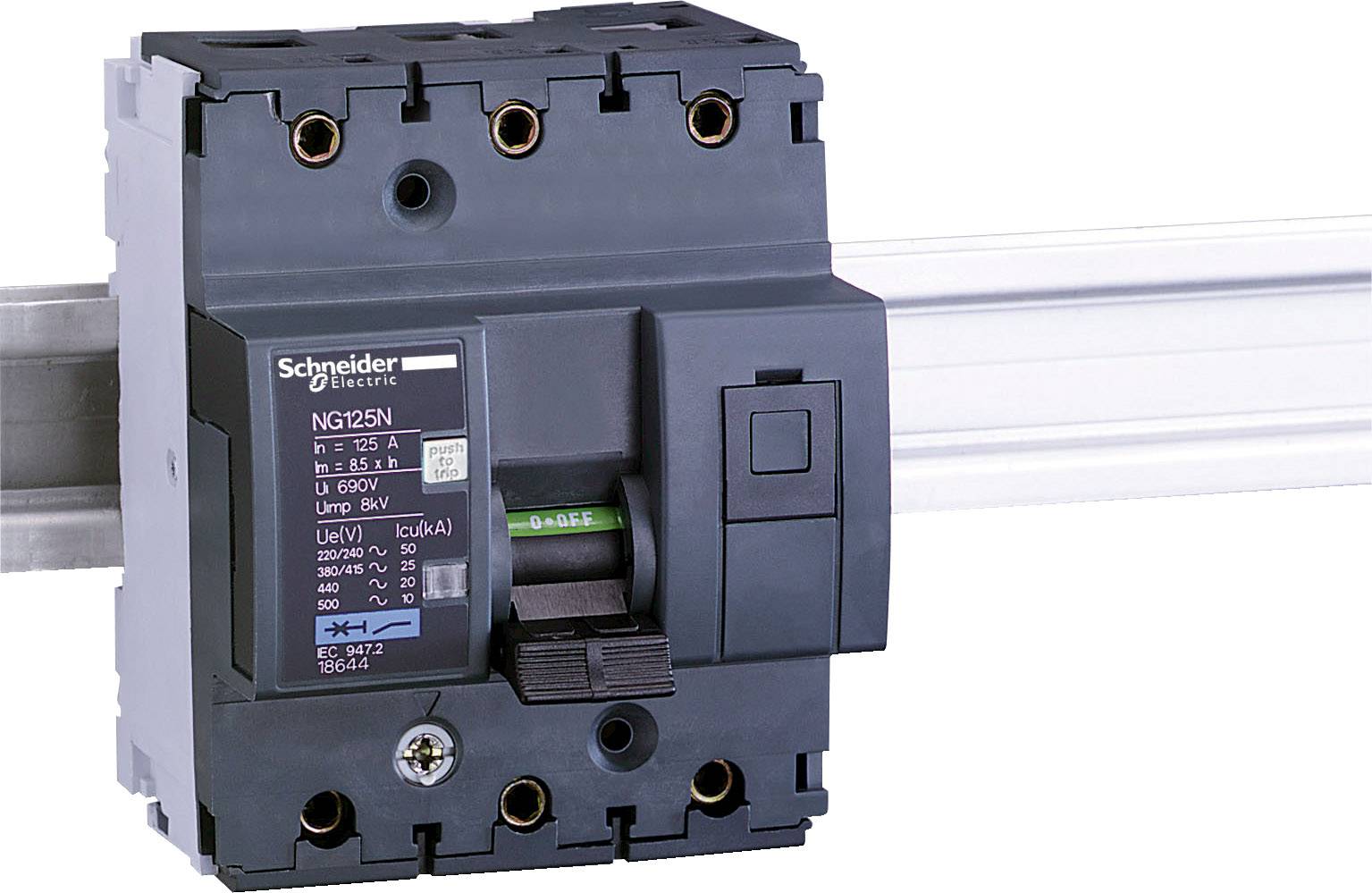 Ein Leistungsschalter von Schneider Electric auf einer Hutschiene montiert, für den elektrischen Schutz und die Steuerung von Stromkreisen.