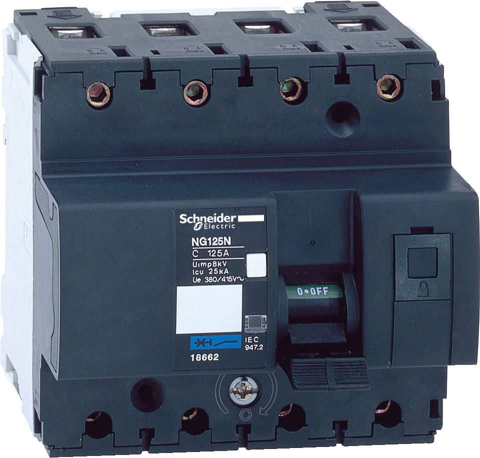 Leistungsschalter von Schneider Electric, Modell NQ125N, mit Nennstrom von 125A. Quadratische, schwarze Bauweise mit mehreren Anschlüssen.