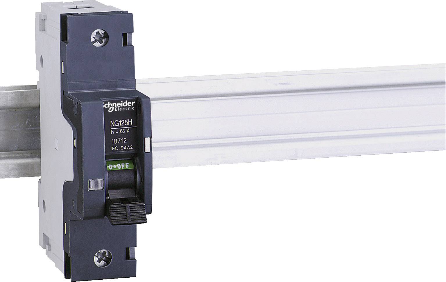 Der Leistungsschalter von Schneider Electric, Modell 'NG125H', ist auf einer Metallschiene montiert. Er zeigt Schalterstellung 'Aus'.