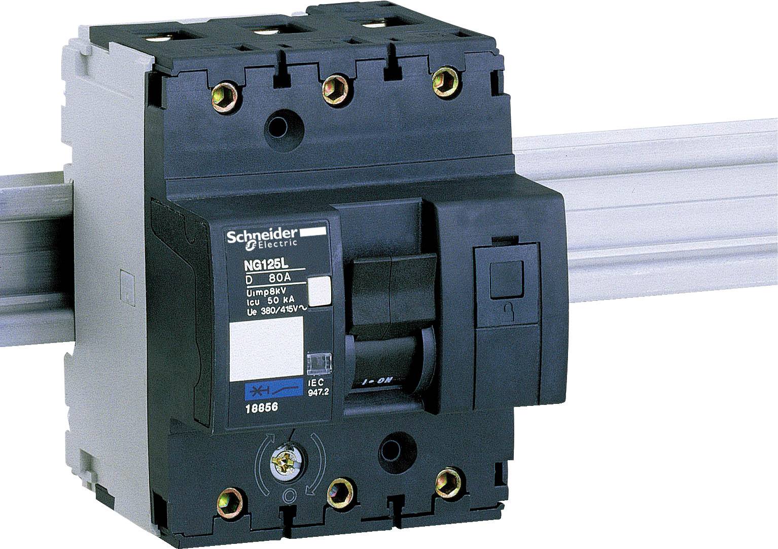Leistungsschalter von Schneider Electric, Modell NS125L, montiert auf einer Metallschiene. Geeignet für 80A, 50Hz, 380/415V.