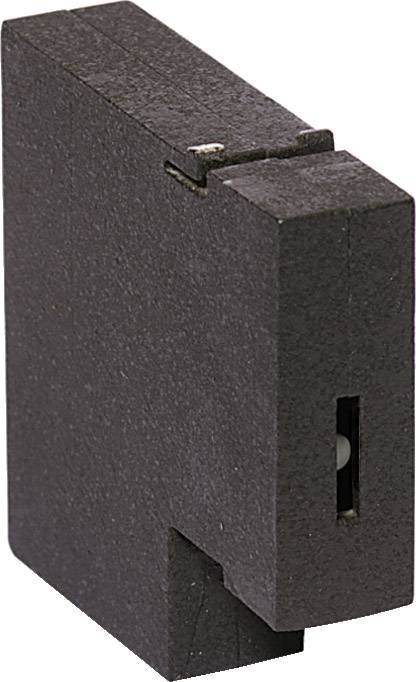 Ein schwarzes, rechteckiges Bauteil mit einer schmalen Öffnung an der Seite, möglicherweise ein elektrisches oder mechanisches Komponentenmodul.