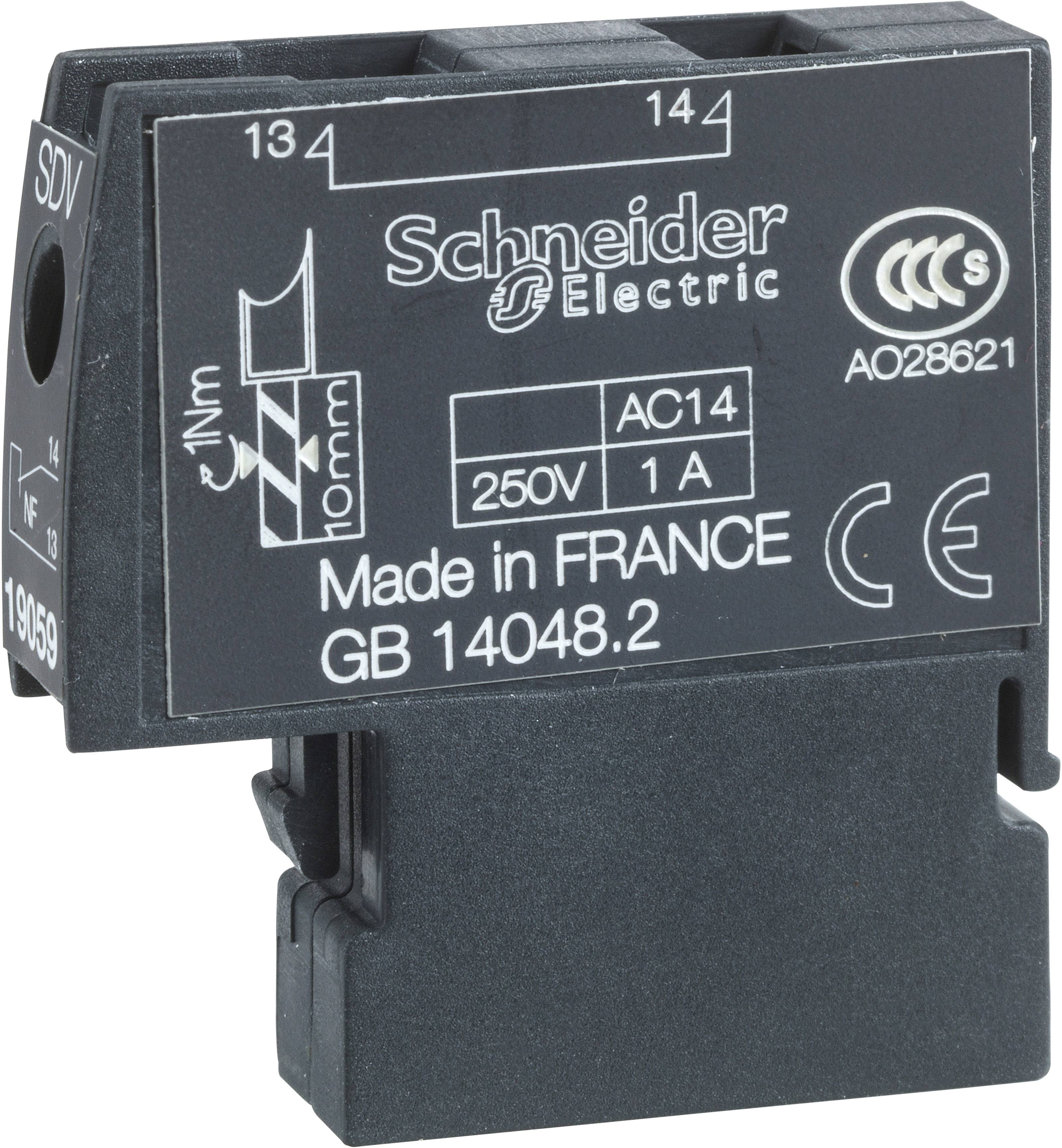 Elektrisches Bauteil von Schneider Electric mit Spezifikationen: 250V, 1A, Made in France, Modell GB14048.2.