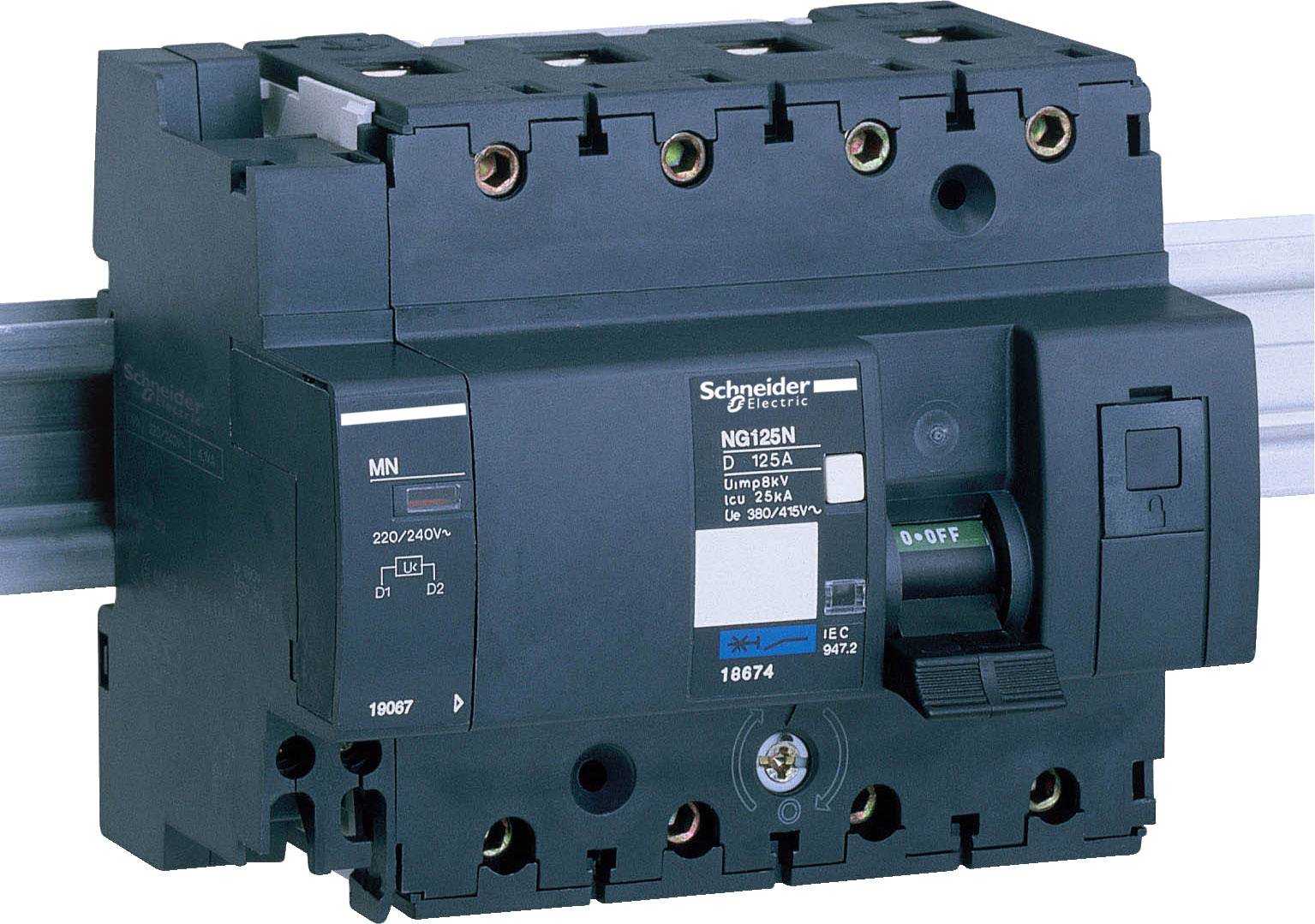 Ein schwarzer Leistungsschalter von Schneider Electric montiert auf einer Metallschiene, geeignet für 230/240V, 32A.