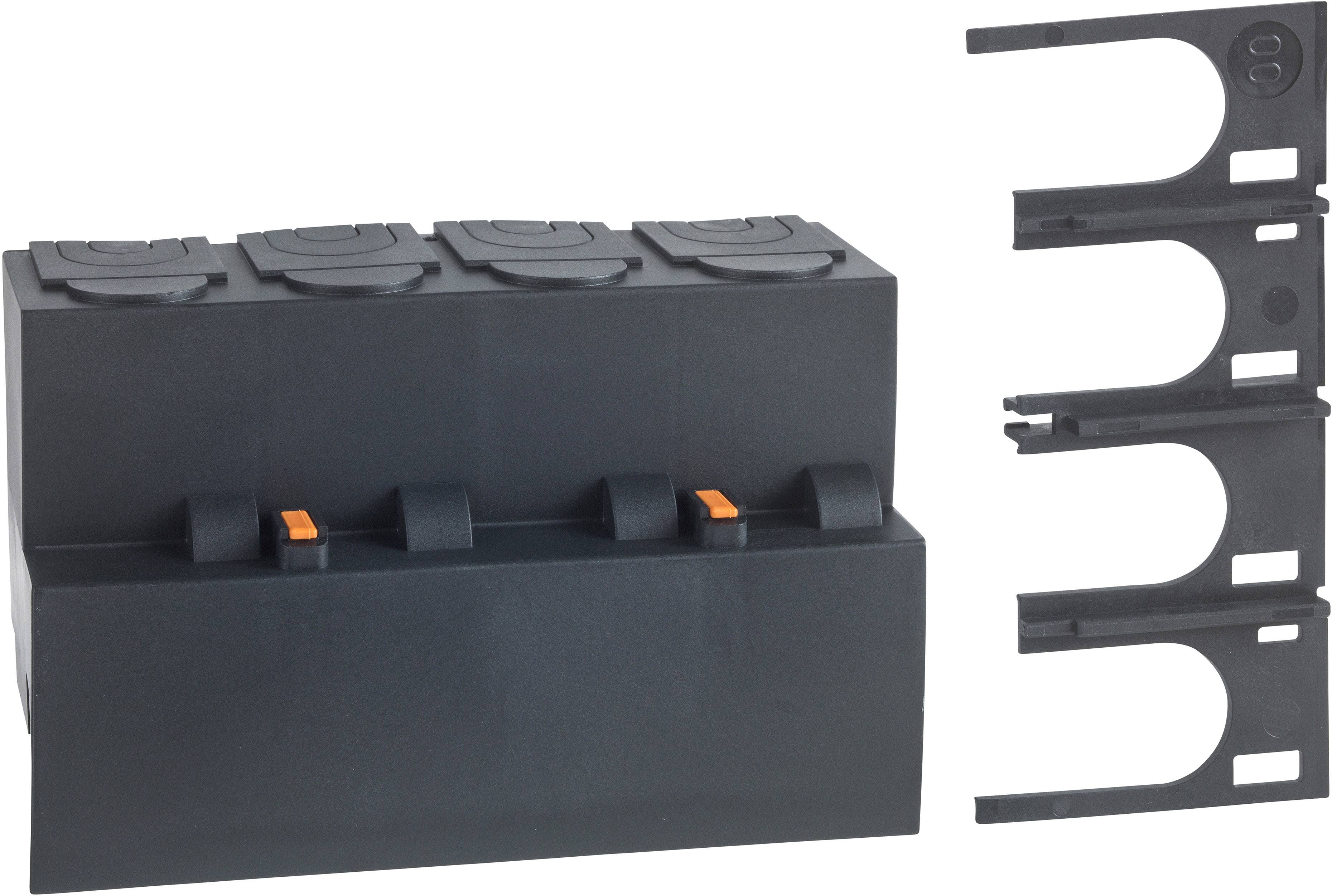 Schwarze Kunststoffbox mit mehreren Steckplätzen, verbunden mit einer Kabelhalterung auf der rechten Seite.