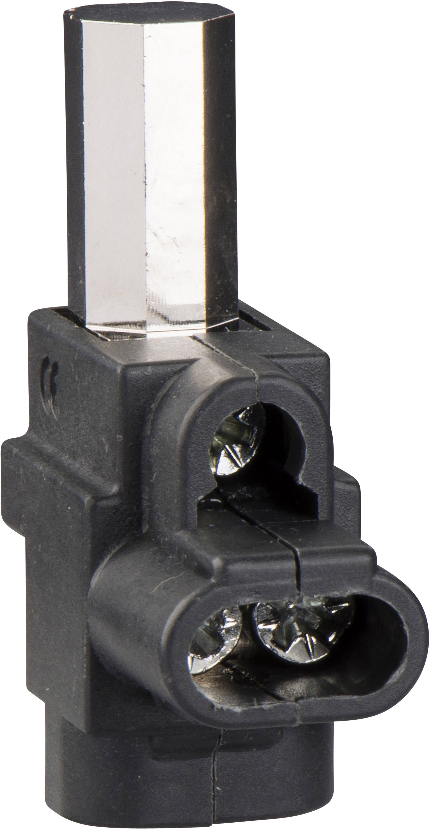 Ein schwarzer, rechteckiger Elektrostecker mit zwei sichtbaren Schrauben. Oben hat er einen silbernen, rechteckigen Metallstift.