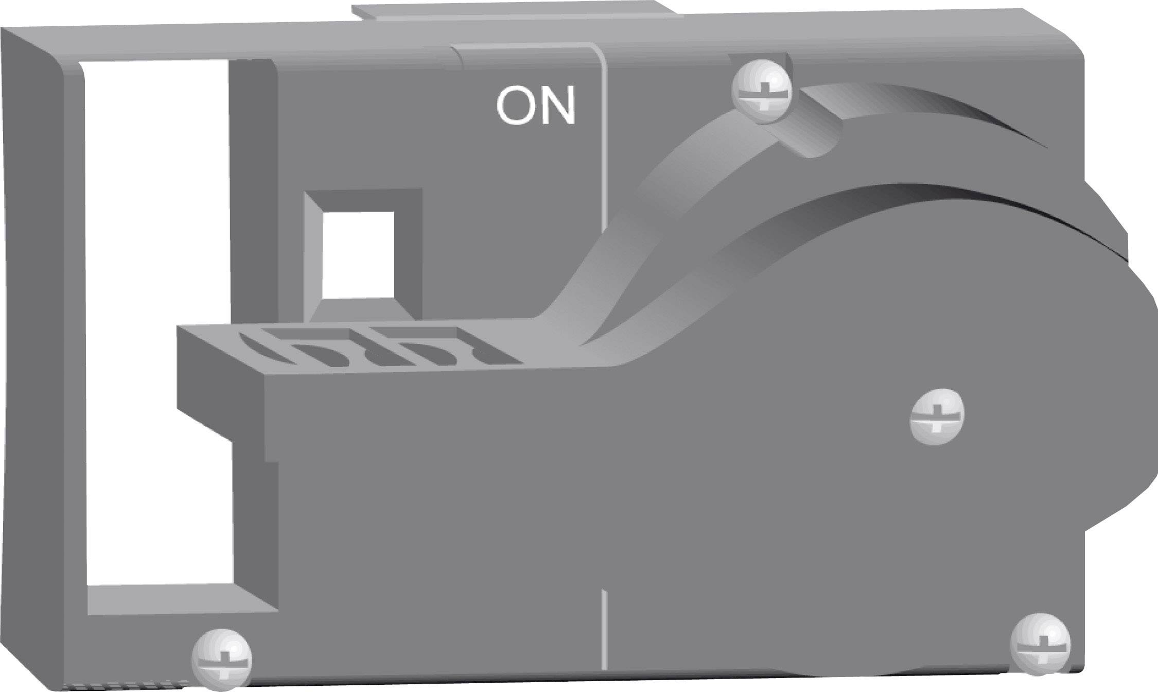 Graues elektrisches Bauteil mit der Aufschrift 'ON', mehrere Schrauben sichtbar.