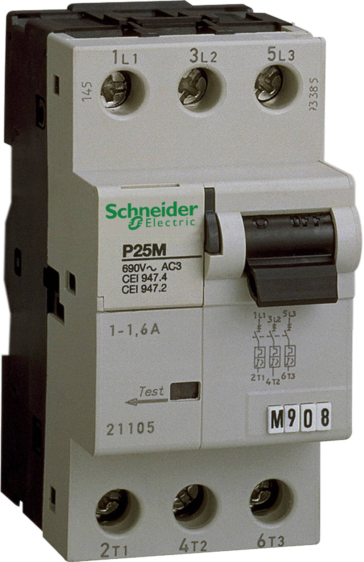 Ein Leistungsschalter von Schneider Electric, Modell P25M, zeigt Einstellungen und Testknopf für elektrische Schutzfunktionen.