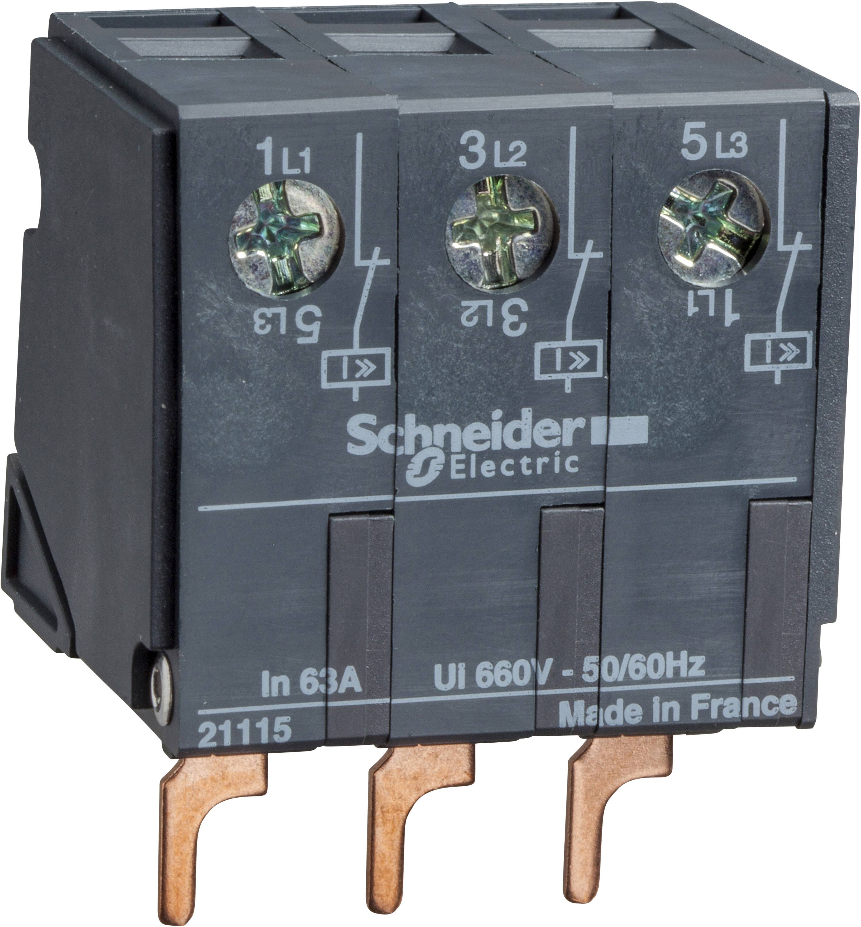 Drei-poliger Leistungsschalter von Schneider Electric, beschriftet mit In 63A, UI 660V - 50/60Hz, hergestellt in Frankreich.