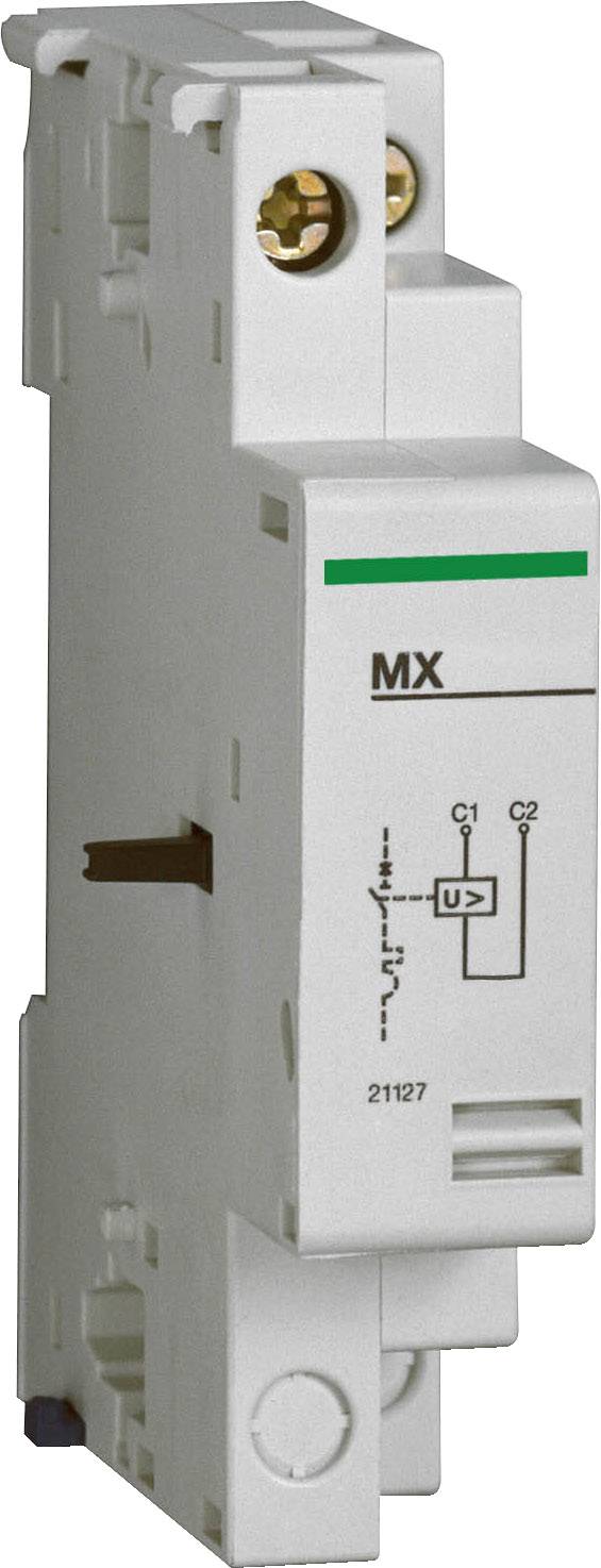 Ein weißes elektrisches Modul mit der Aufschrift 'MX', grünen Streifen oben und Symbolen, das in Schaltschränken verwendet wird.