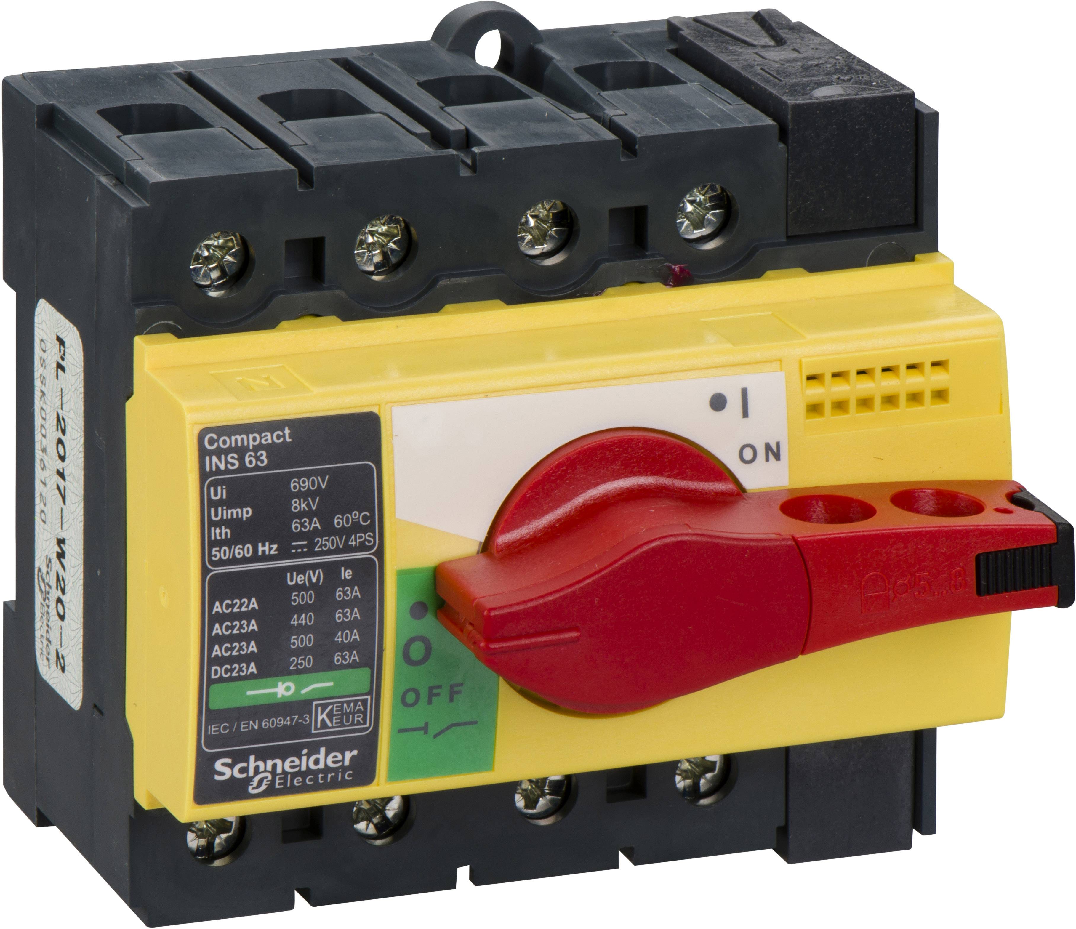 Ein gelber Drehschalter auf einem schwarzen Gerät, bezeichnet als 'Schneider Electric'. Der Schalter ist auf 'ON' gestellt.