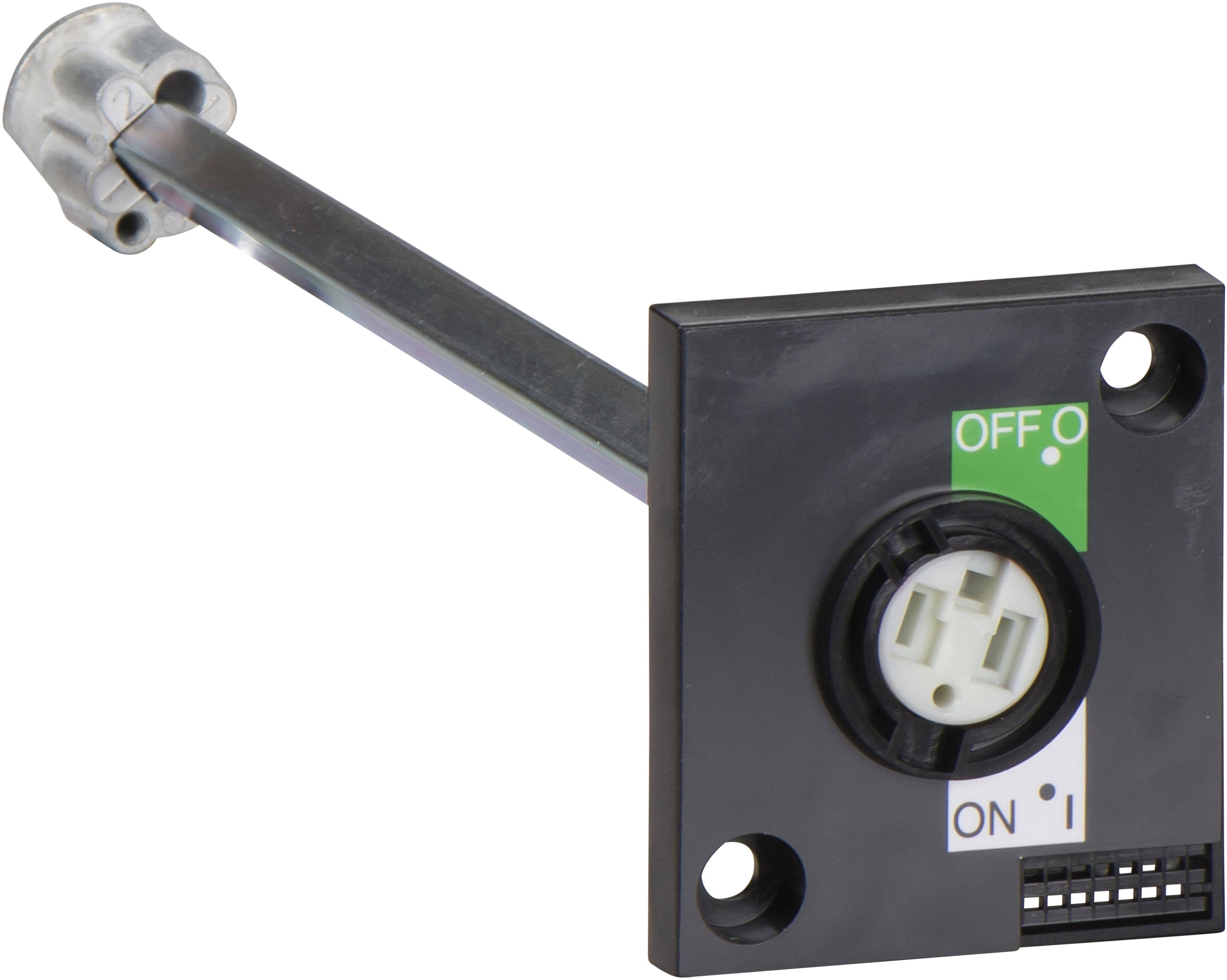 Ein elektrischer Schalter mit einer Platine, zeigt 'ON' und 'OFF'. Ein langer Metallarm ist daran befestigt.