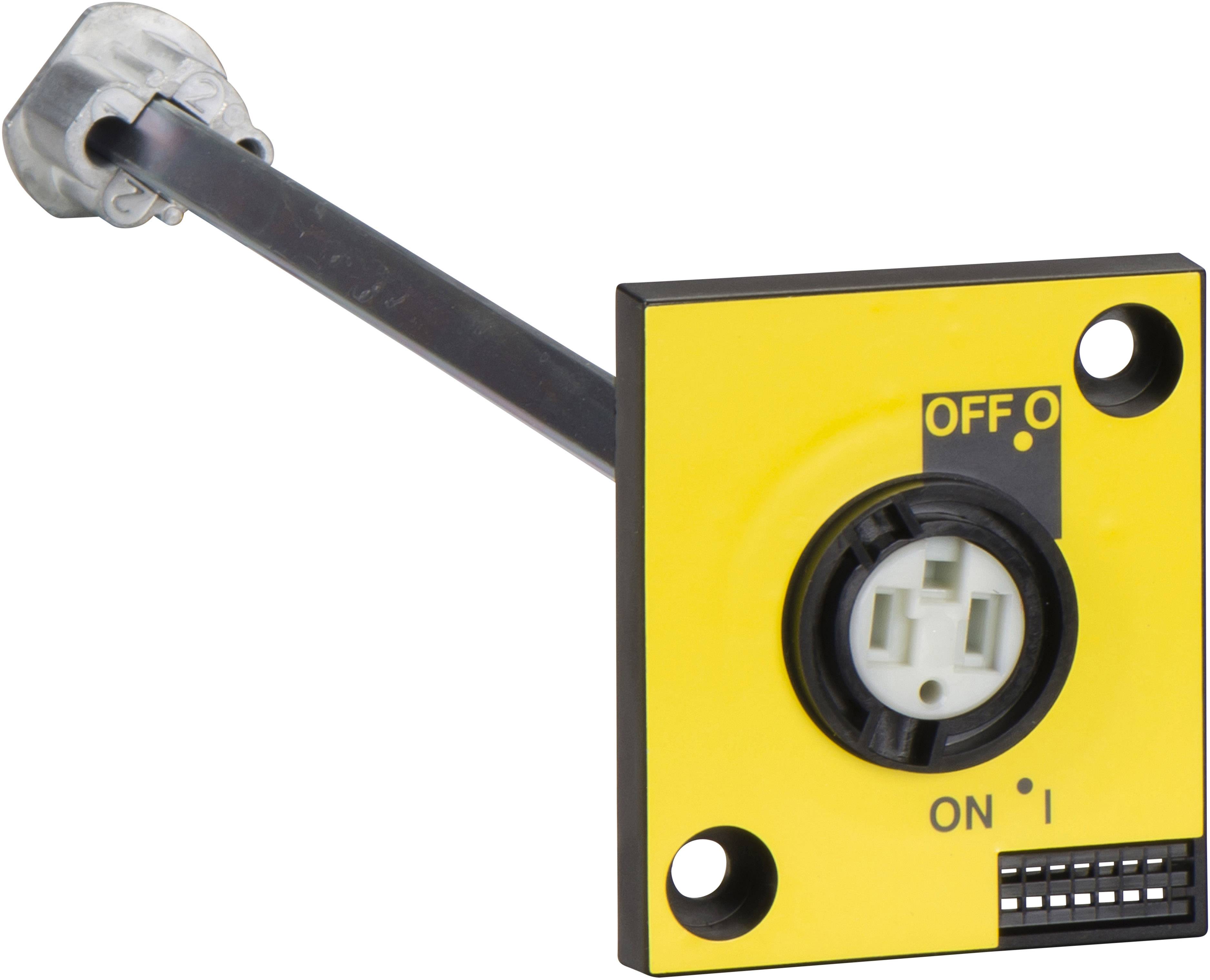 Ein quadratischer, gelb-schwarzer Schalter mit einem Metallgriff zeigt die Positionen 'OFF' und 'ON'. Der Griff ist nach oben gerichtet.