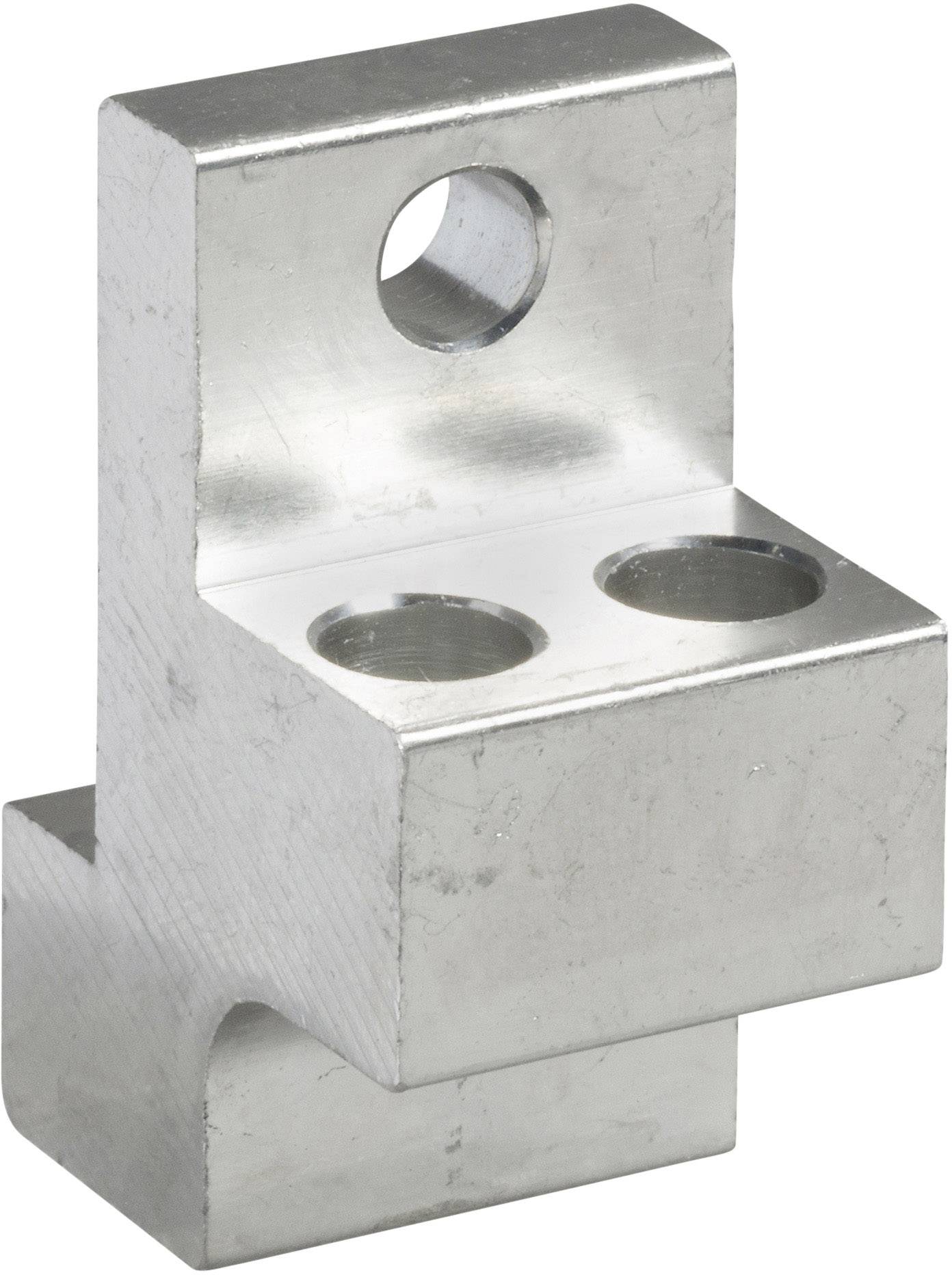 Metallblock mit drei Bohrungen, vermutlich ein mechanisches Teil mit Befestigungslöchern.