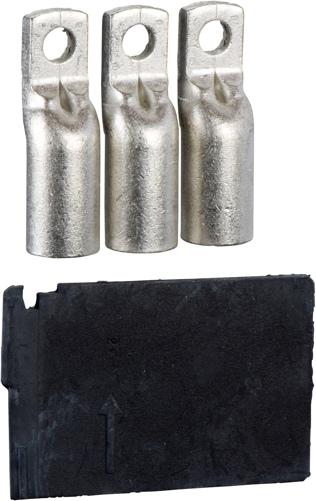 Drei metallische Kabelschuhe mit Ösen oben, angeordnet in einer Reihe. Darunter ein rechteckiges, schwarzes Bauteil mit einem Pfeil.