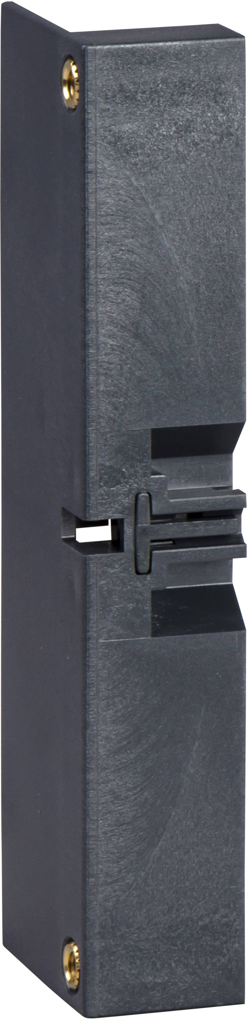 Schwarzer elektrischer Türöffner mit vertikaler Ausrichtung und sichtbaren Schraublöchern an den Ecken.